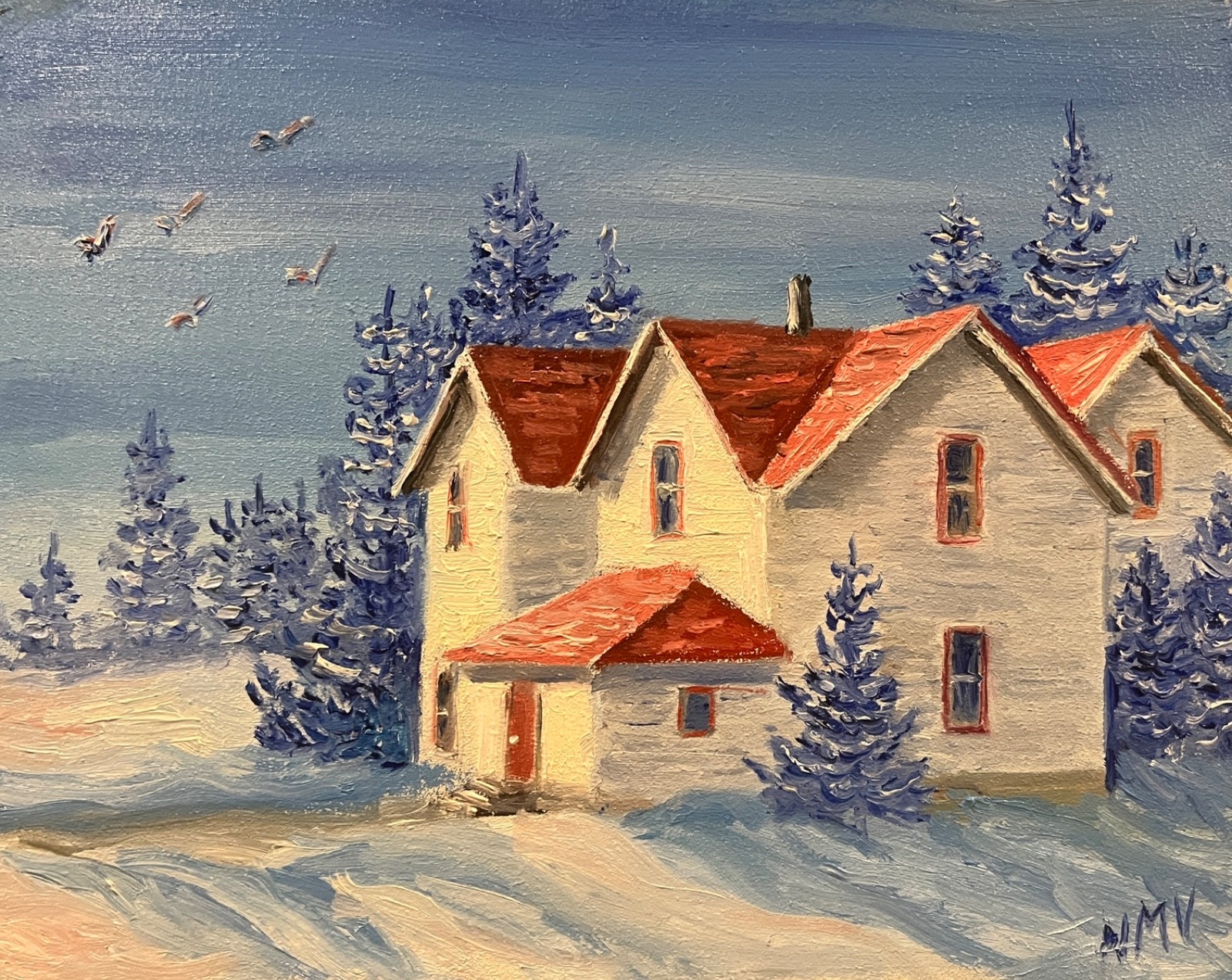 HOUSE WITH RED ROOF Original Oil Landscape Painting Country BARN SNOW SMALL Art