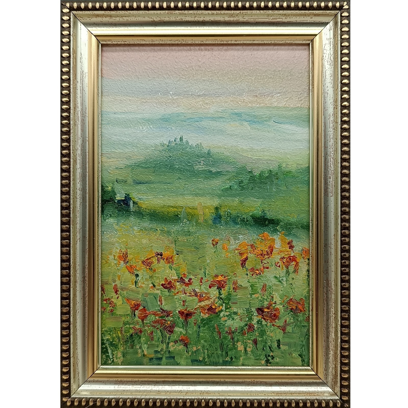 Poppy Field Original Oil Painting 4×6 Framed Signed Misty Meadow Landscape Art