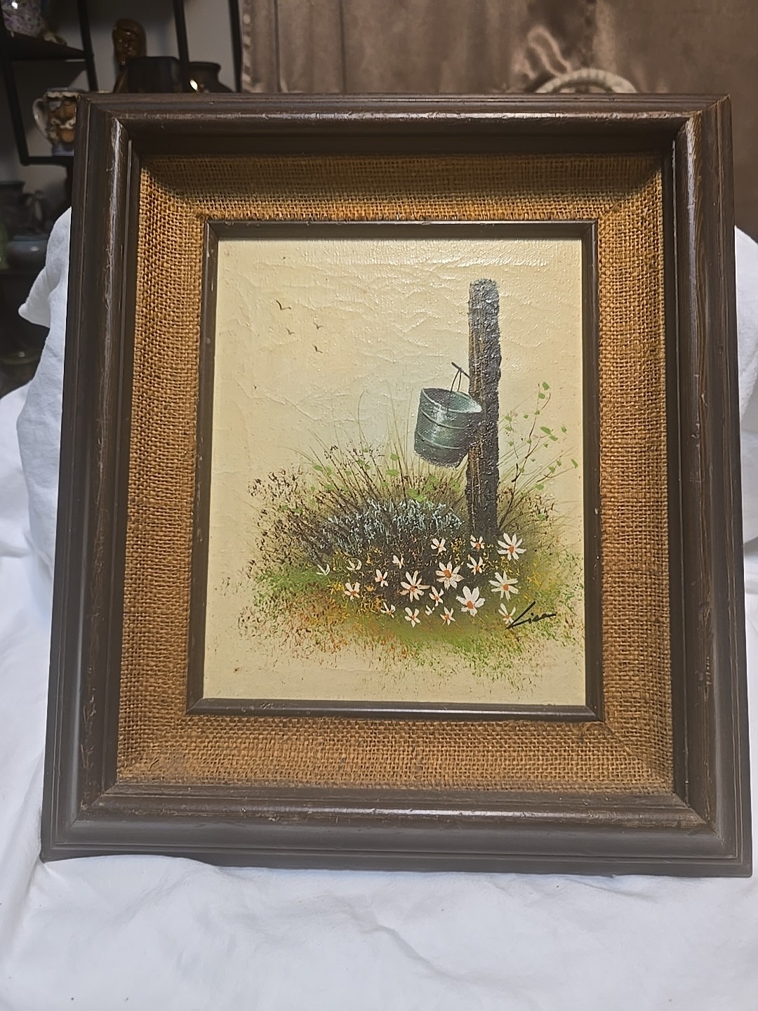 Vtg Rustic/Country Folk Art Framed Painting Wild Flowers & Daisies Pail & Post