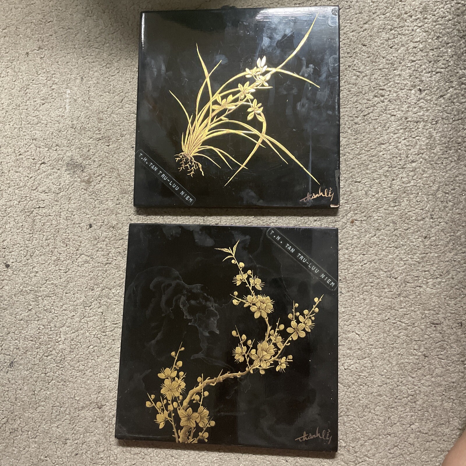 Vtg ASIAN LACQUER PAINTING Gold GRASS LILY And Cherry Blossom