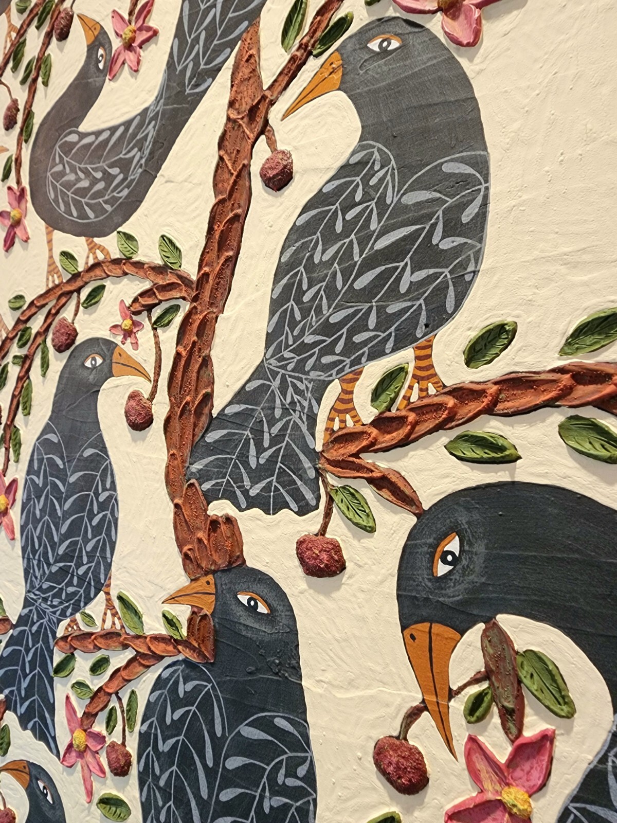 Danette Sperry Southern Primitive Crow Bird Folk Art Painting «Cherry Paradise «