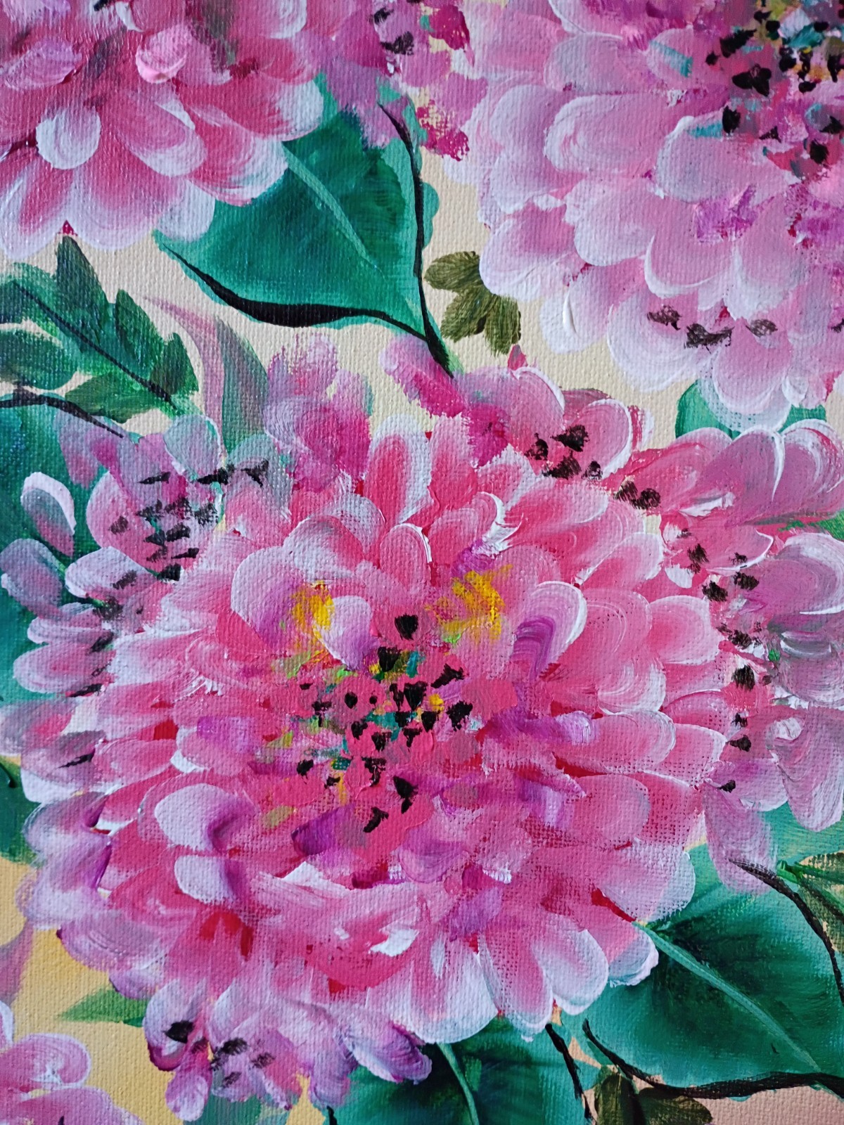 Pink Hydrangeas Yellow & Black 11×14 Canvas Original Art Expressionism Abstract