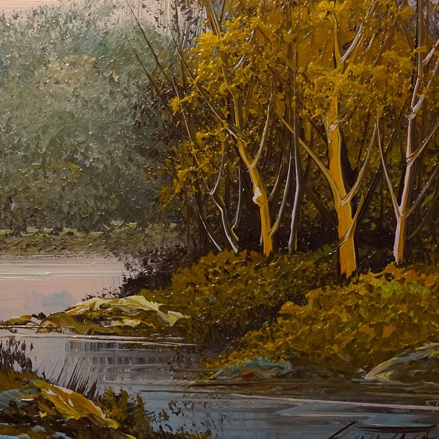 1980s Autumn Landscape Oil Painting Fall Foliage Trees Stream Sunset 22×17.75