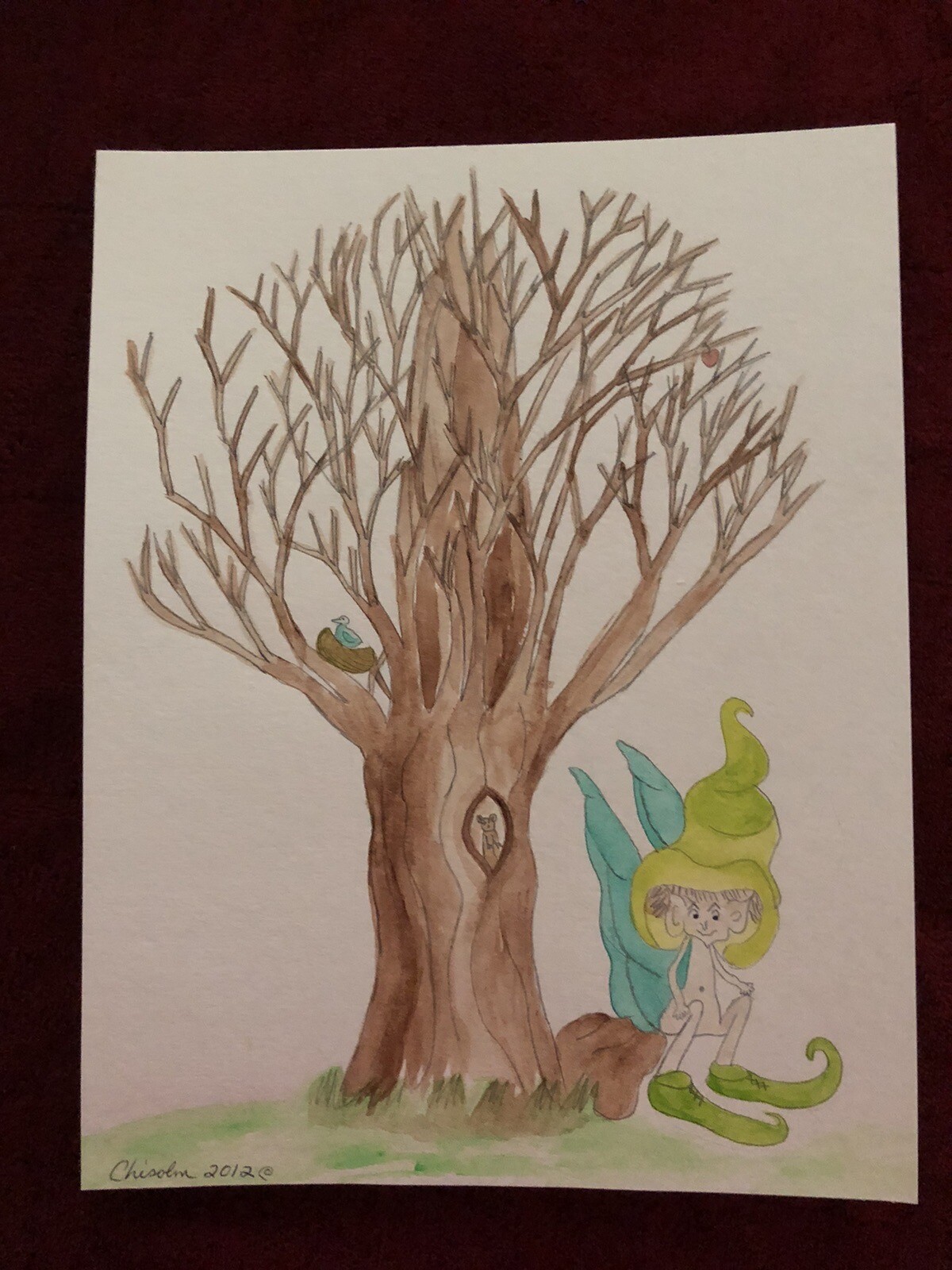 Elf Watercolor Print-Sittin’ Under The Big Tree – 8 1/2″ x 11″ Print