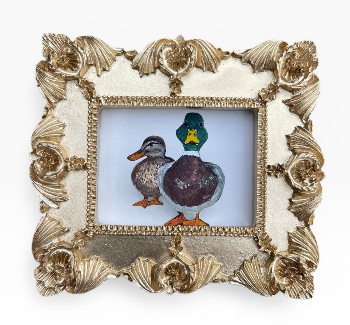 Mallard Ducks miniature art watercolor print in gold vintage style ornate frame