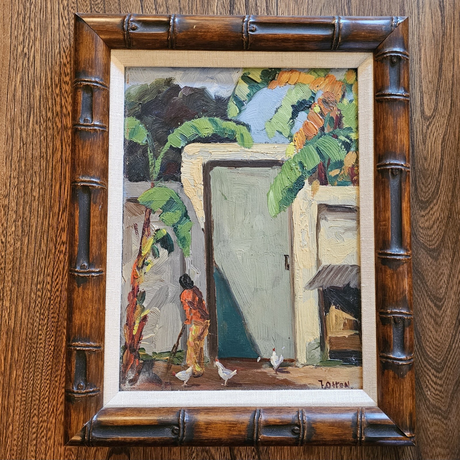 Vintage Oil Painting Framed Signed J OTTEN Tropical Bucolic Chickens Listed Rare