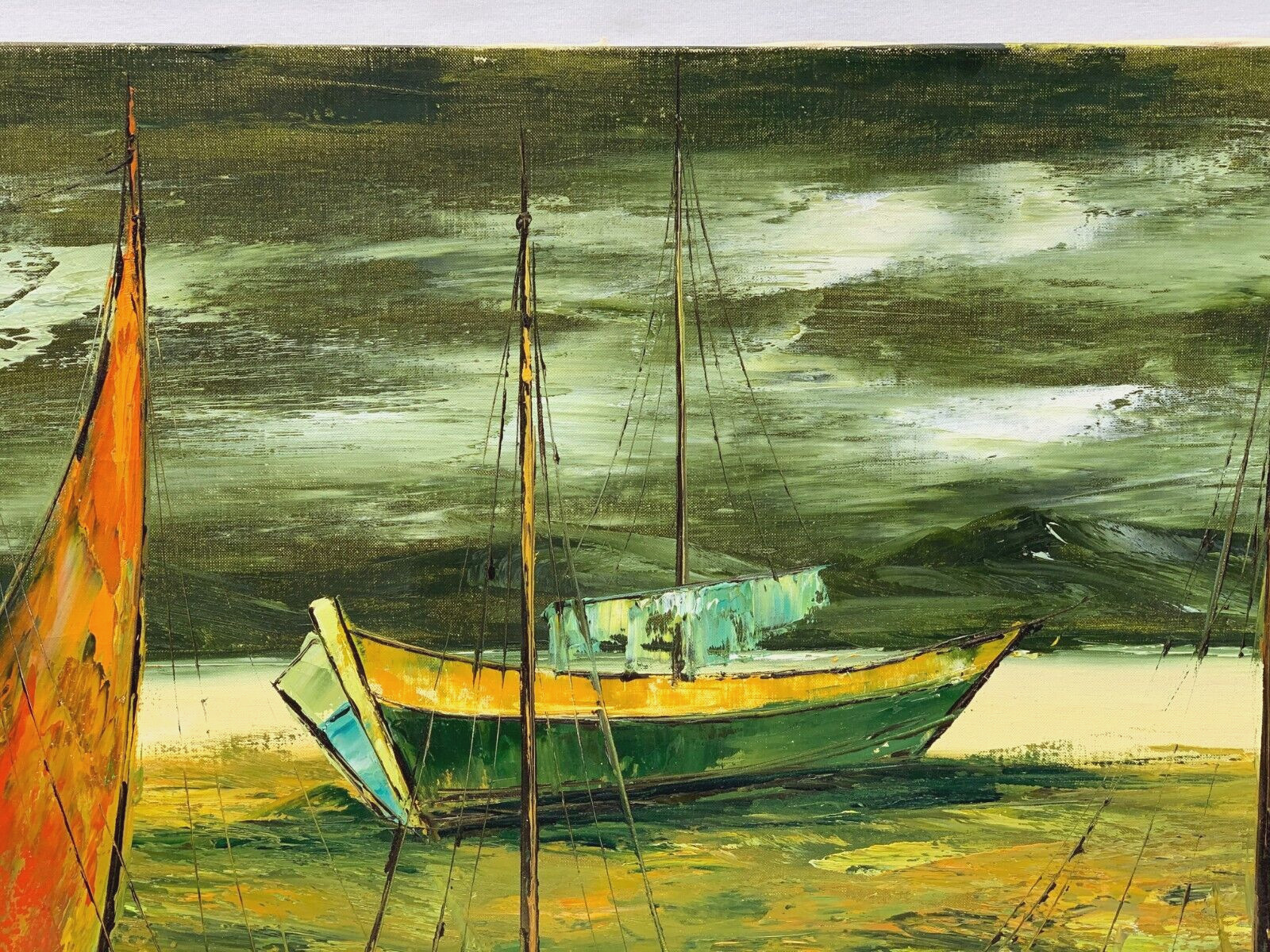 F LEE LARGE SEASCAPE OIL PAINTING SAND DOCKED FISHING BOAT PALETTE KNIFE IMPASTO