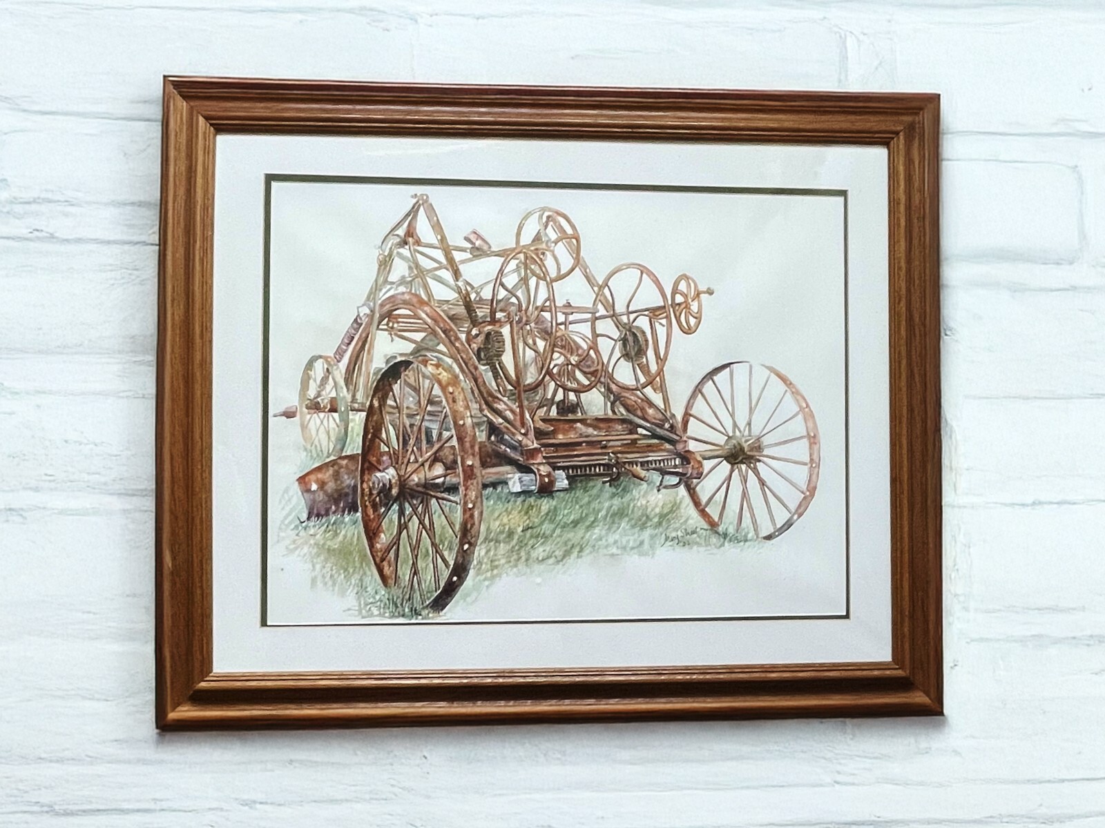 Framed Vintage Farm Equipment Watercolor Painting, Rustic Antique Machinery Art