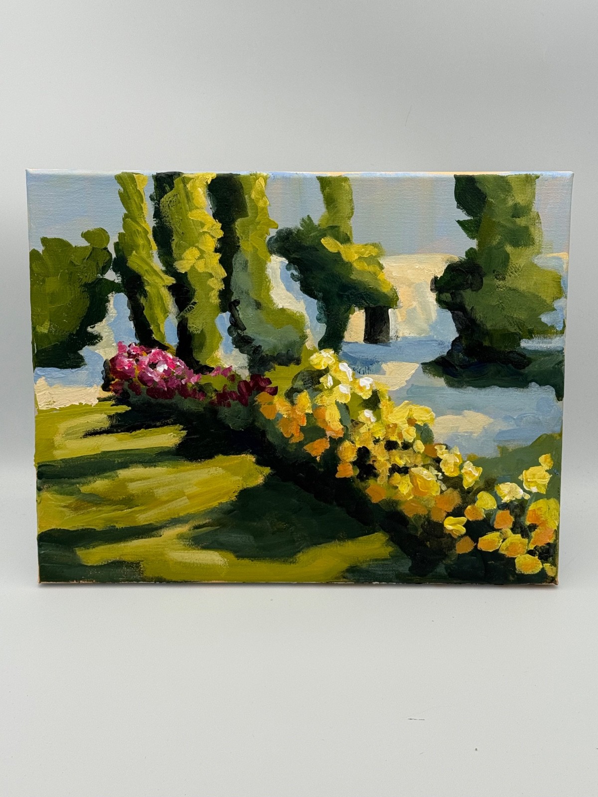 Original Acrylic Impressionist Landscape Painting Trees Flowers 14×11 Art