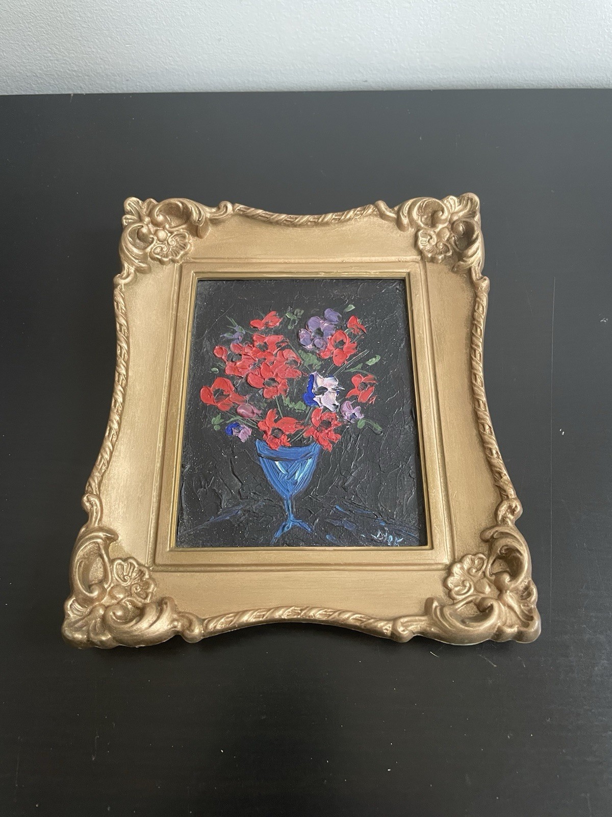 Vintage Framed Miniature Oil Painting On Board 6”x7”, Bouquet Of Flowers