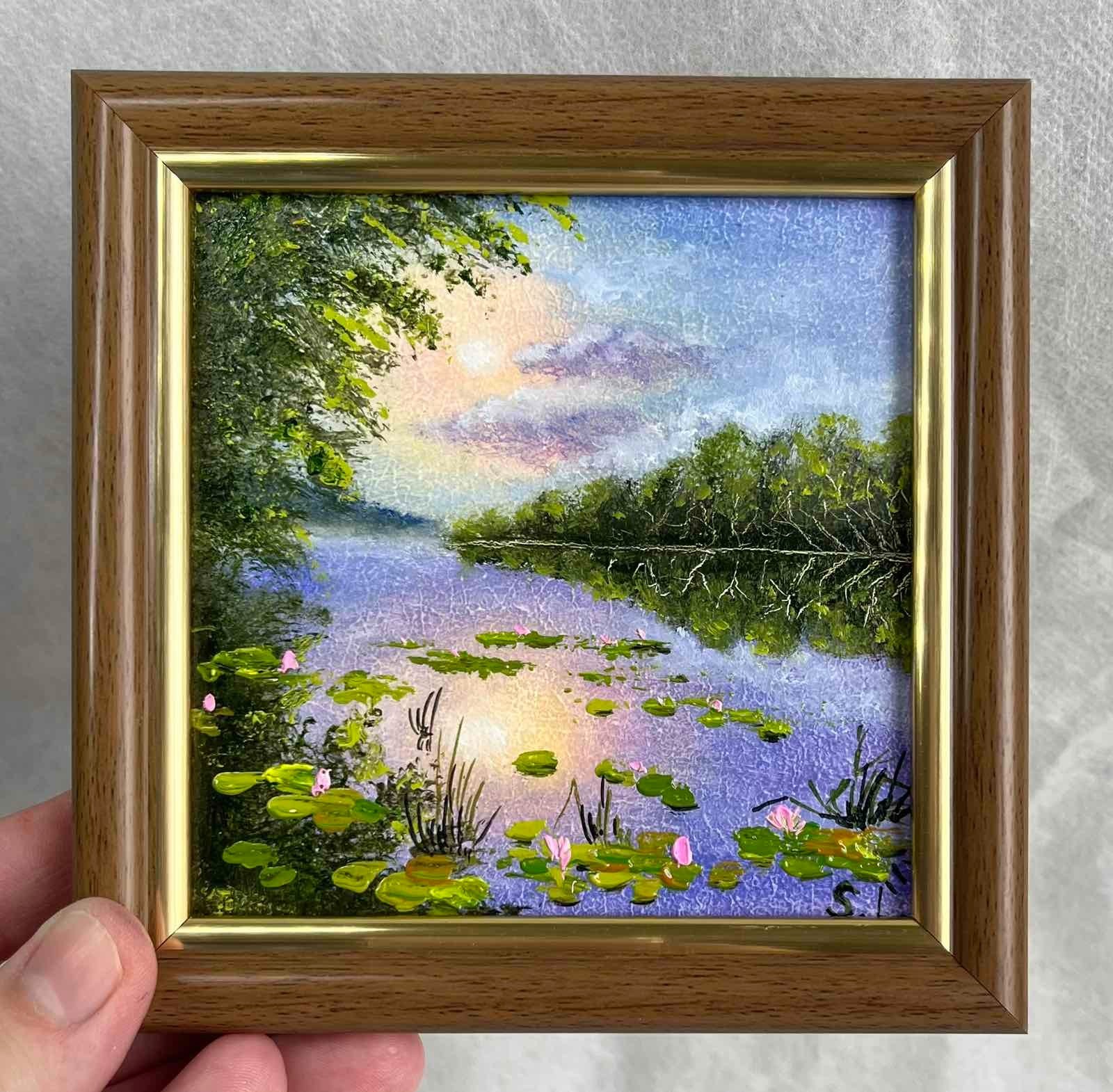 Summer Original Oil Painting Landscape Forest Lake at Sunset Art 4 x 4 in