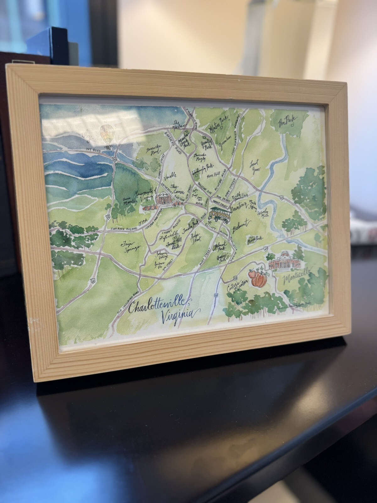 Charlottesville, Virginia Watercolor Map Print (8×10) w/ Freestanding Wood Frame
