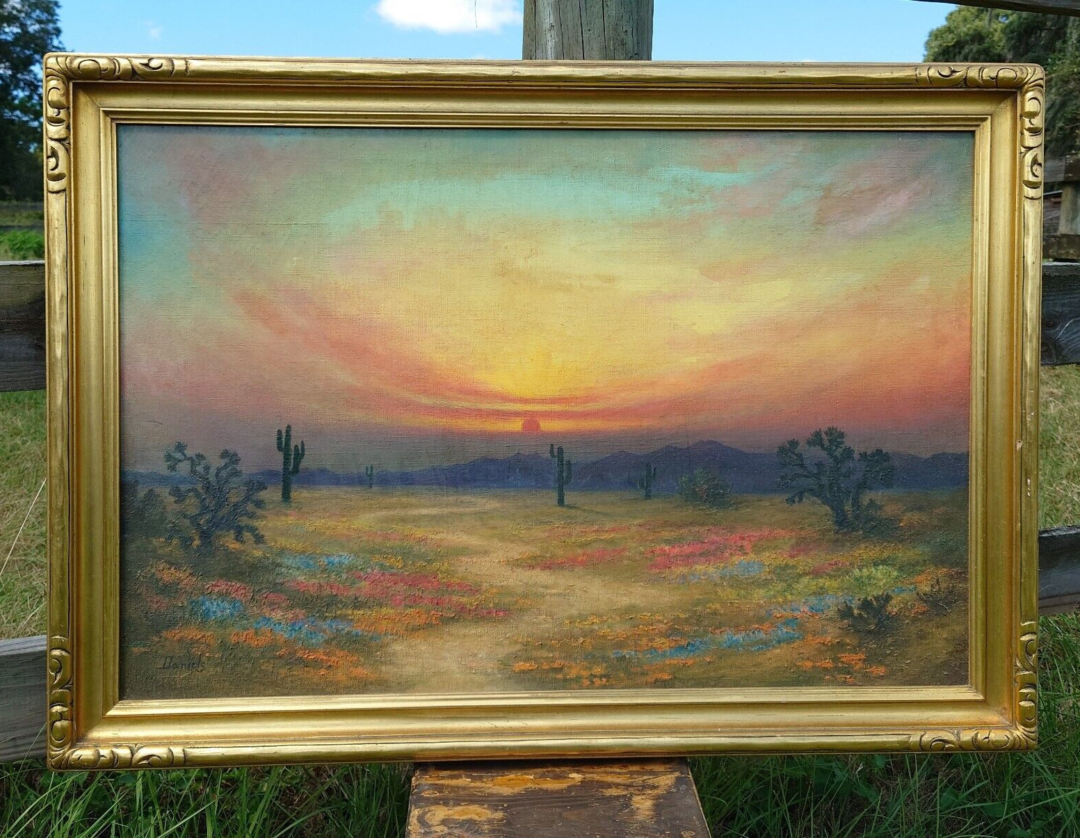 OLD Southwest Desert Sunset Floral Cactus Turquoise Sky Painting SIGNED Daniels