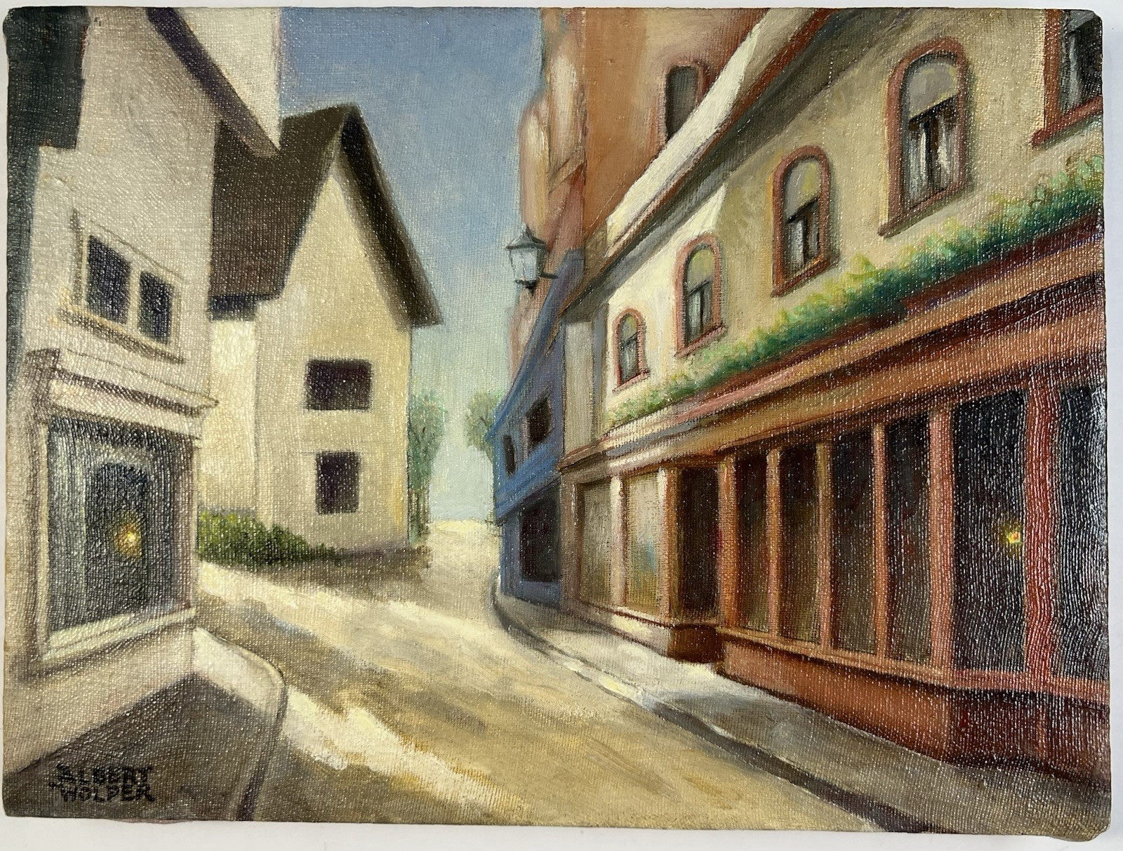 Oil On Canvas Painting Albert Wolper 9×12” Folk Art City Street & Storefronts