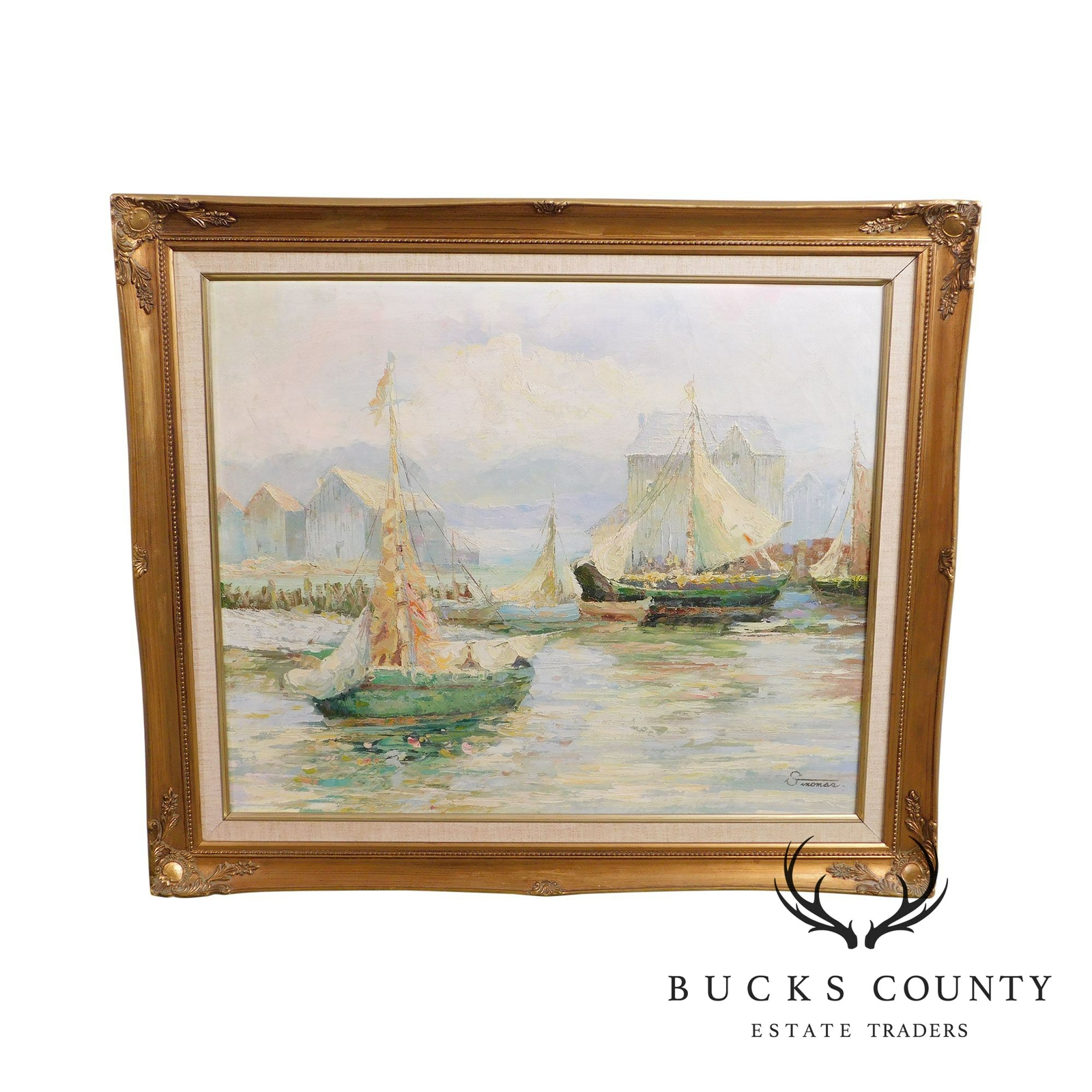 Sinomas, Oil on Canvas, Working Lanteen Sailing Vessels in Port Custom Frame