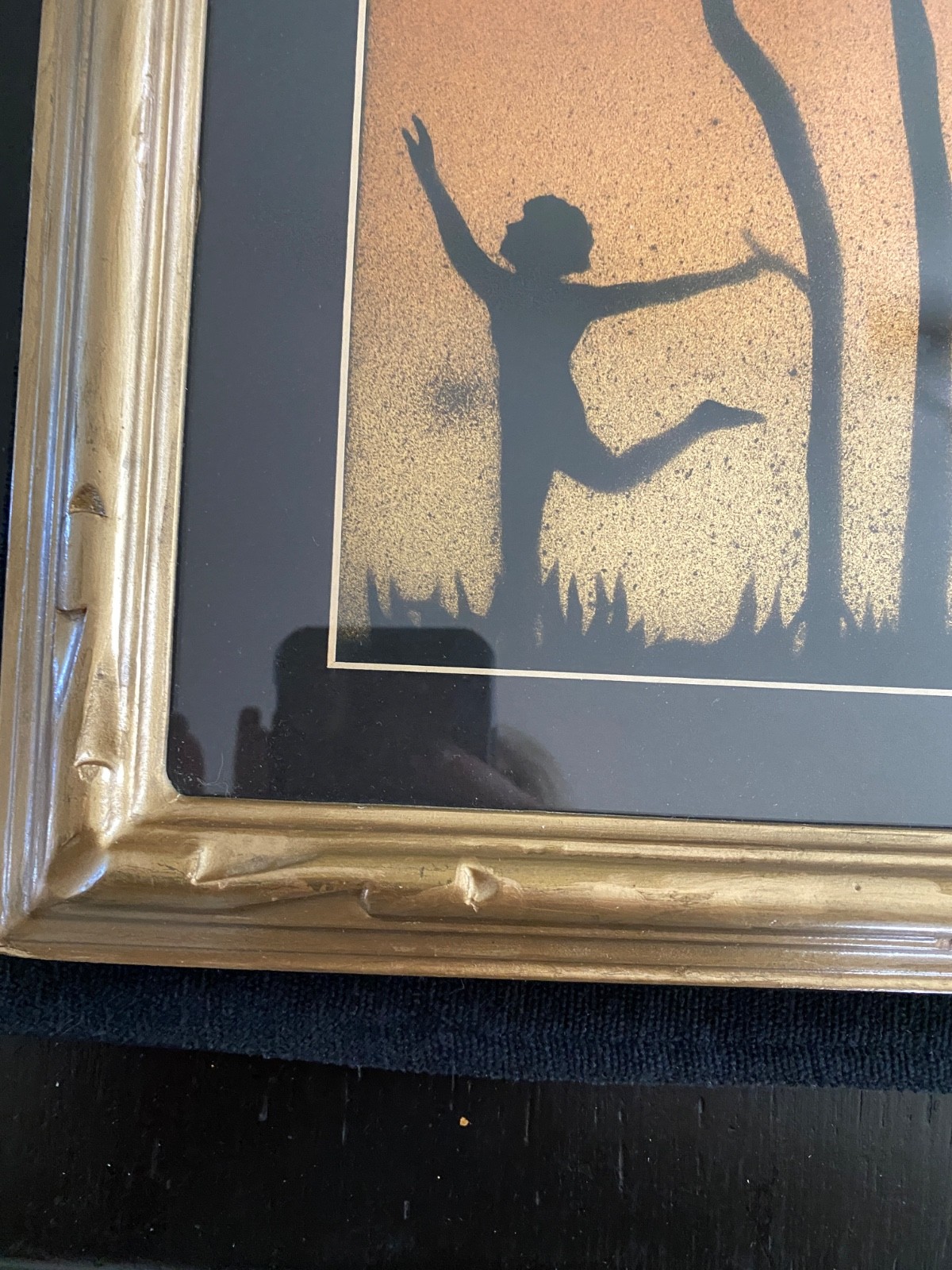 VTG Framed Art Reverse Paint Silhouette Figures Sunset Scene Trees Moon