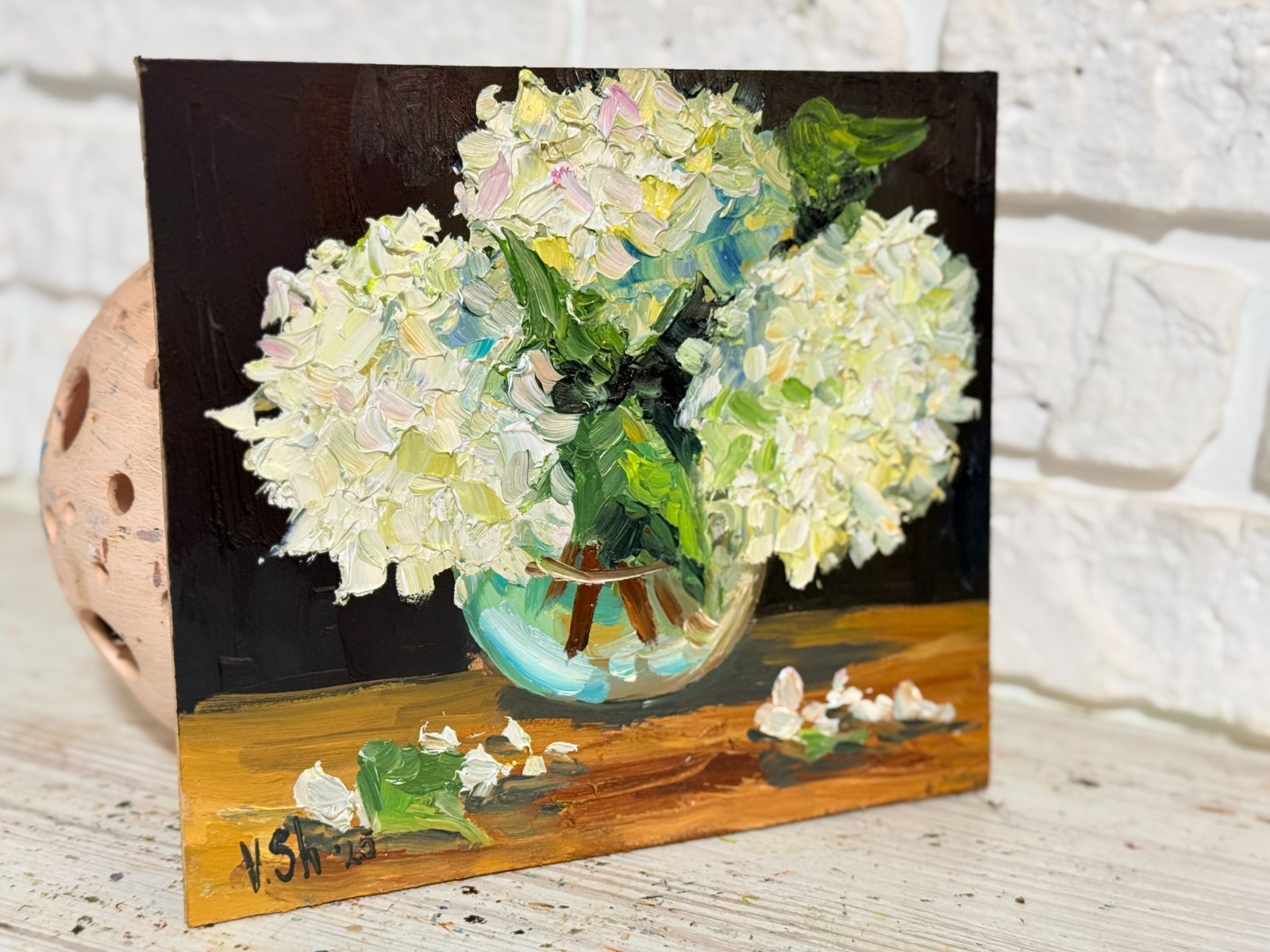 Hydrangea Floral Original Oil Painting Art Impasto Flower Still Life 7.5×8 in