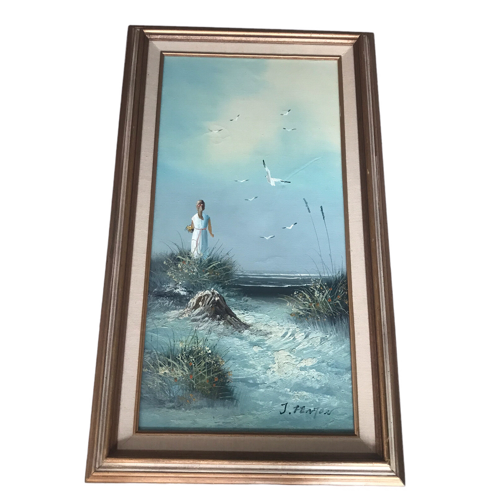 Vintage Beach Oil Painting Girl by Ocean – Signed J. Fenton – Framed Coastal Art