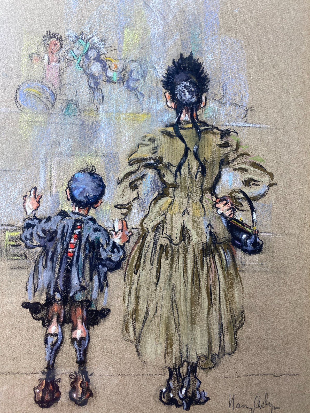 Nancy A. Dyer (1903 – 1979) «Temptation At The Toy Shop.. » Mixed Media Painting