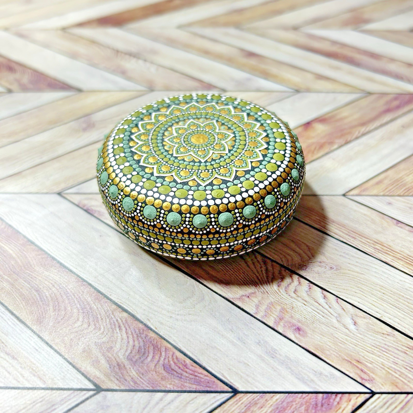 Artisan Hand Painted OOAK Green Lotus Mandala Stone Rock Decor 2.5″ Gift