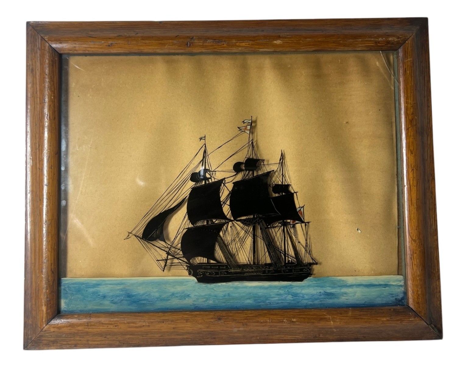 Vintage Convex Bubble Glass Picture Reverse Painting Silhouette Ship on Sea