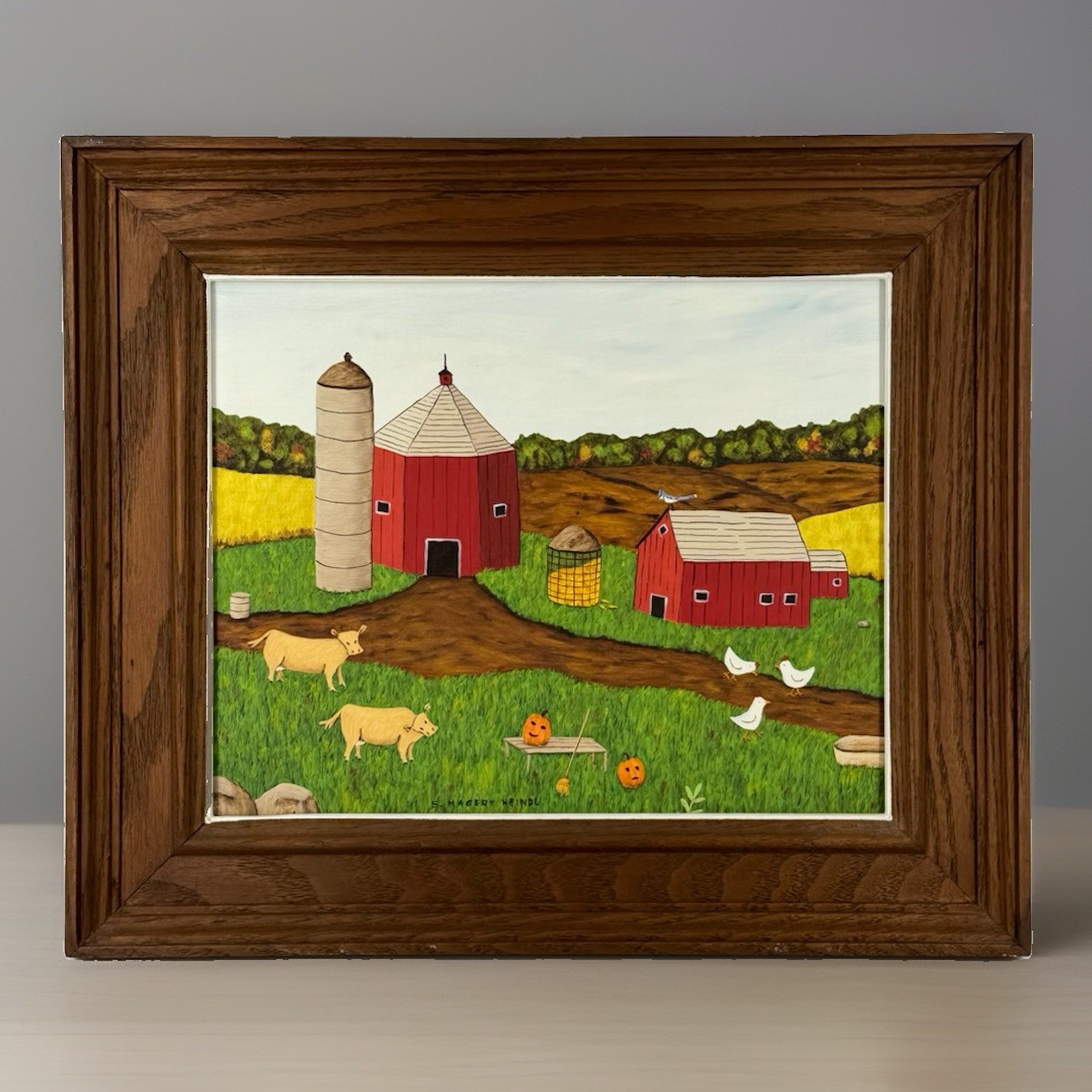 Elsie Hagert Heindl Folk Art Painting Original Barn Pumpkin Farm Framed Board