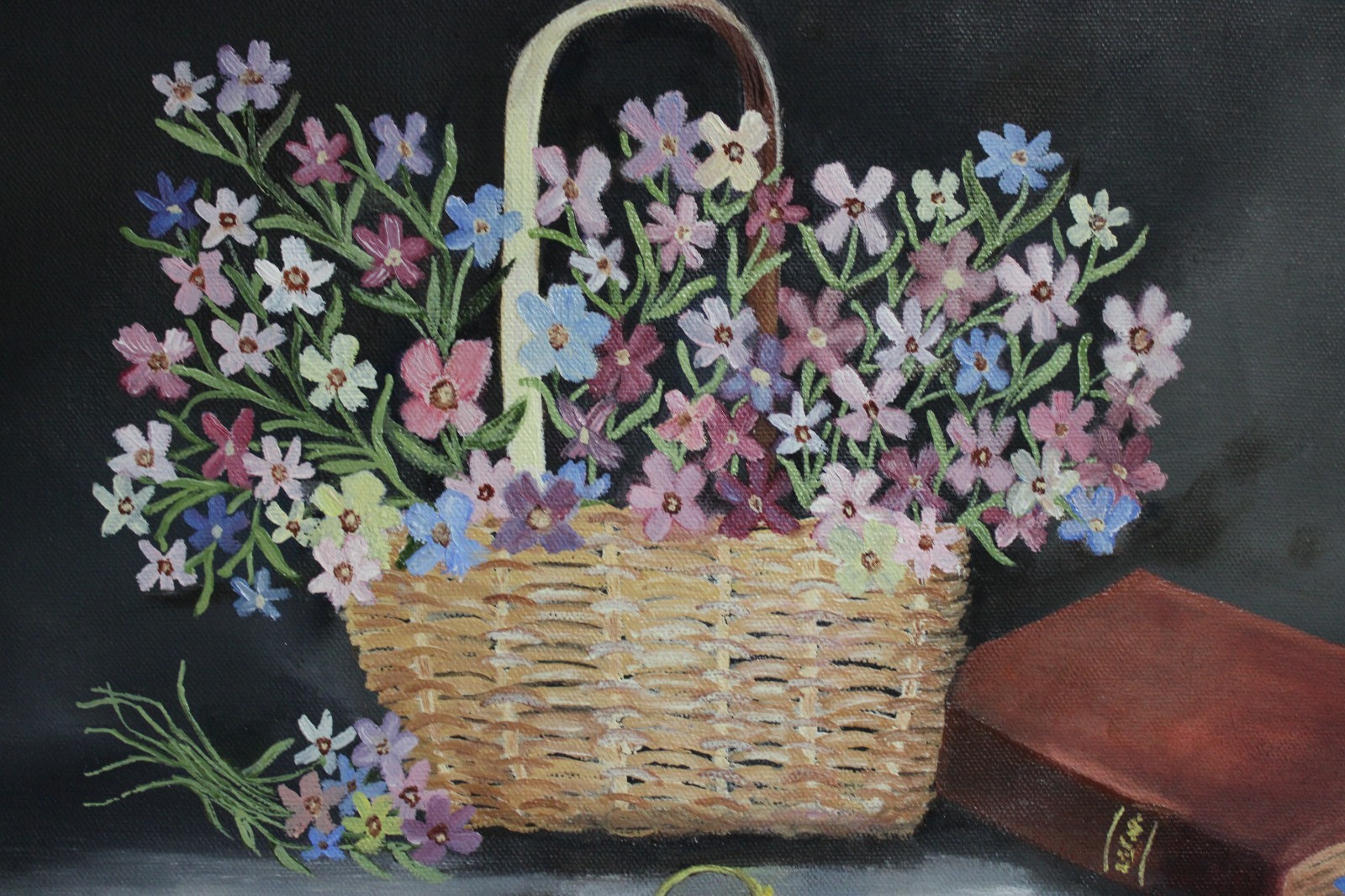 VINTAGE IMPRESSIONIST OIL PAINTING FLORAL RED GERANIUM FOLK ART SIGN GILT FRAME