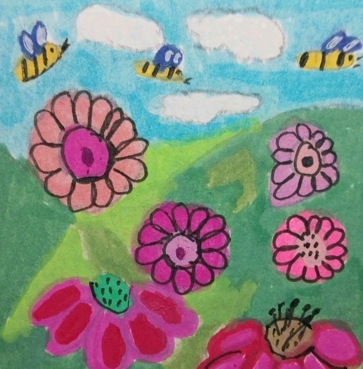 ACEO ATC BEE Art Flowers 3.5X2.5 Original Acrylic Painting Landscape Art