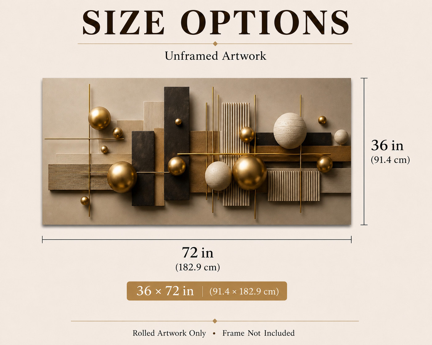 Original Hand Painted Abstract Geometric Canvas Art Gold Sphere Wall Decor 36×72