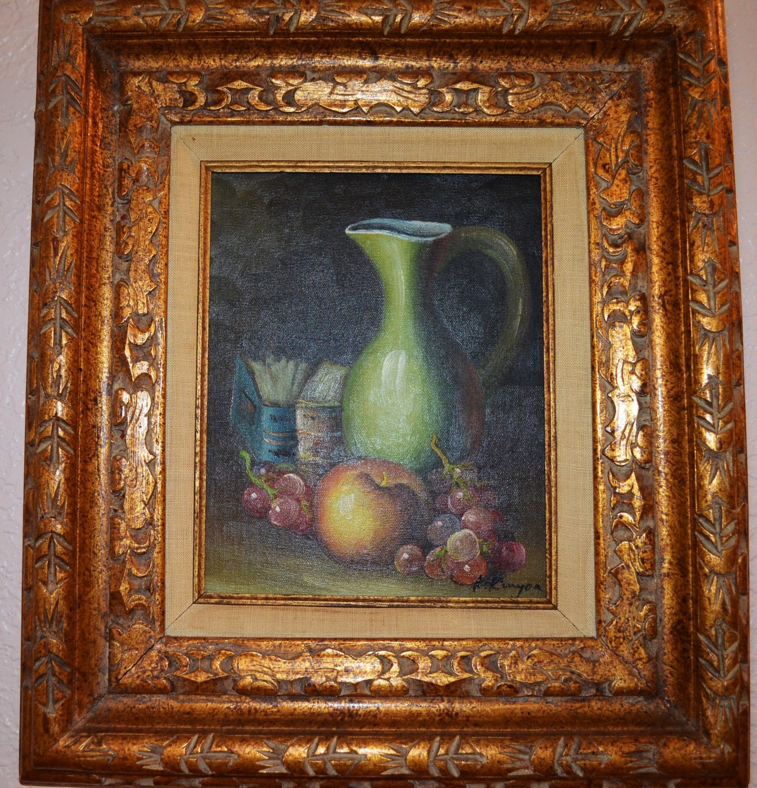 Signed K Kenyon Vtg Still Life Oil Painting Grapes, Apple, Gilt Frame