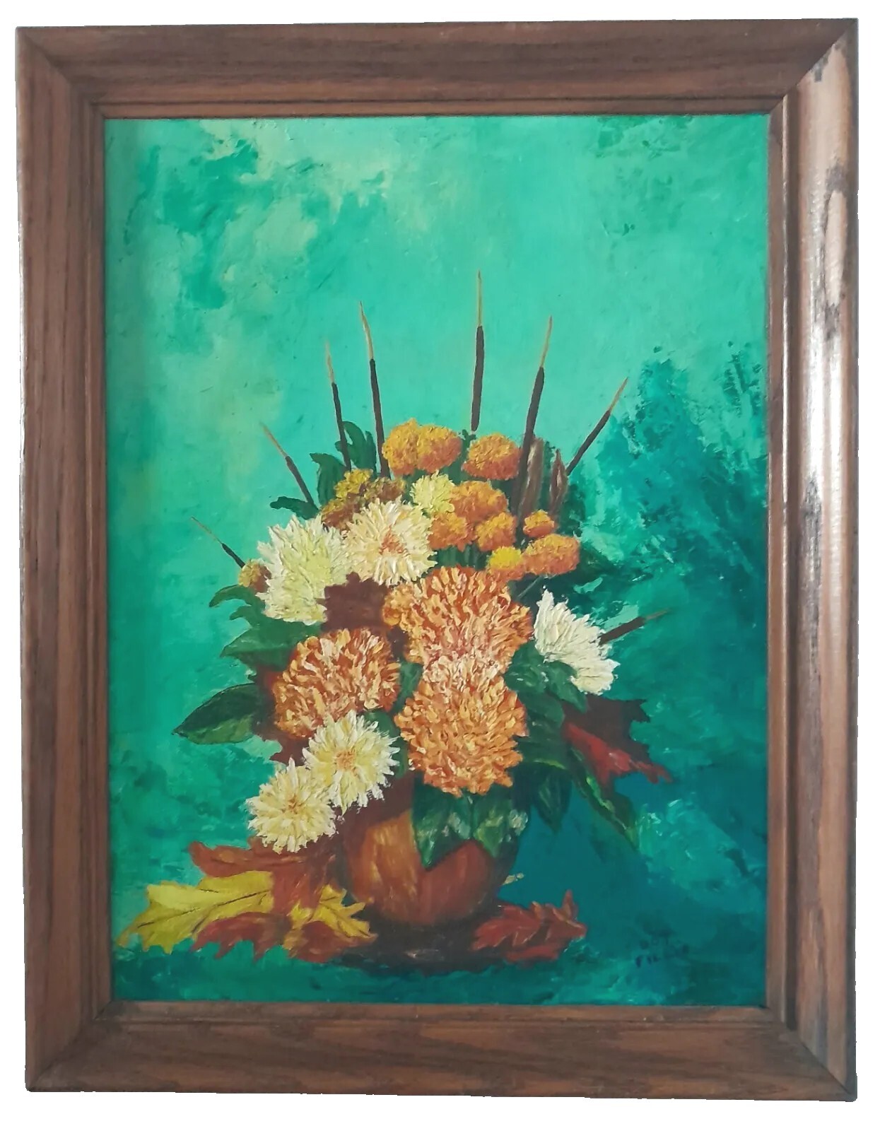 SIGNED Primitive 60s-70s Impressionist Still Life Flowers In Vase Oil Painting