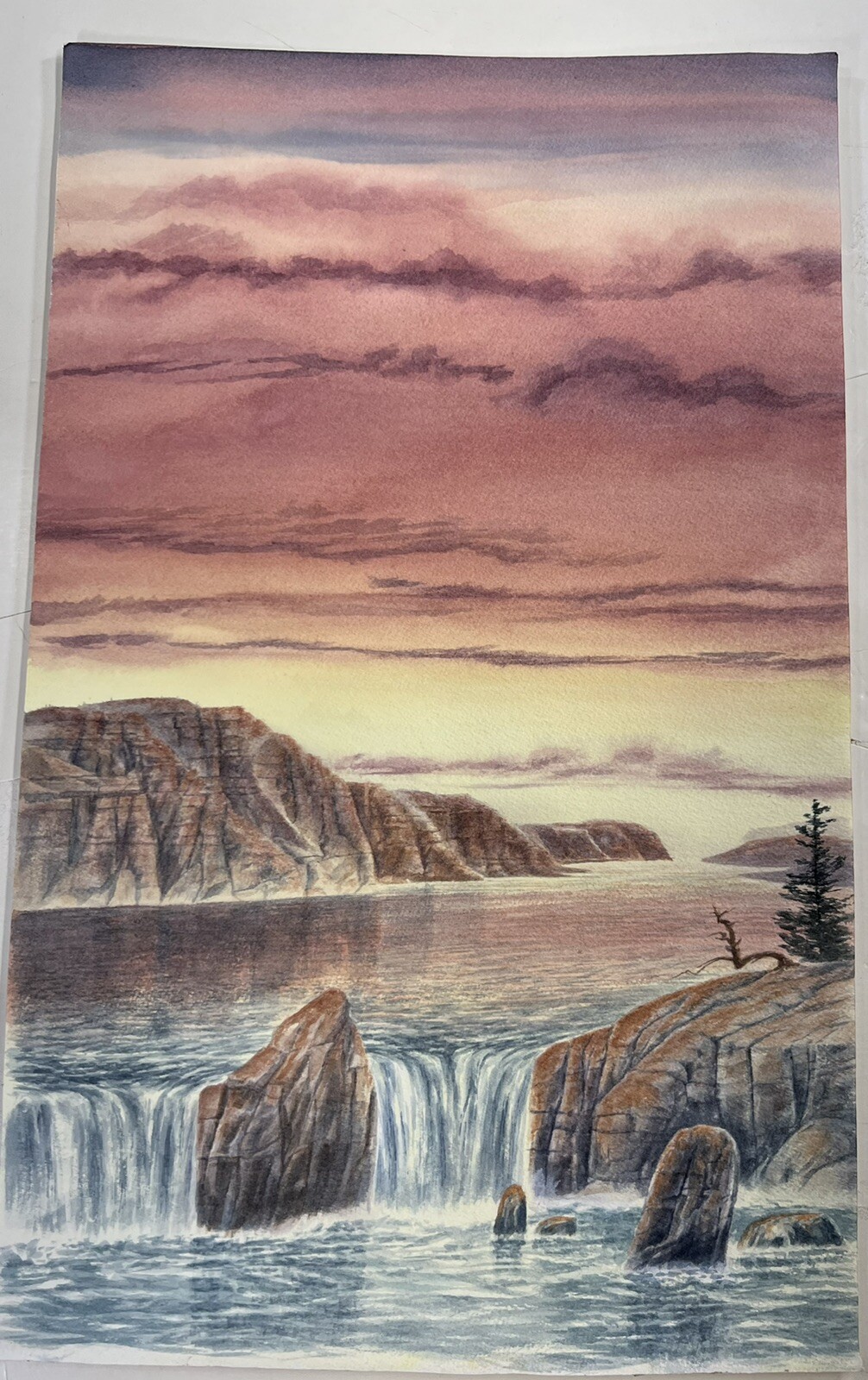 Colorful Red And Orange Sunset Over Waterfall Watercolor Painting Robert Ficarra