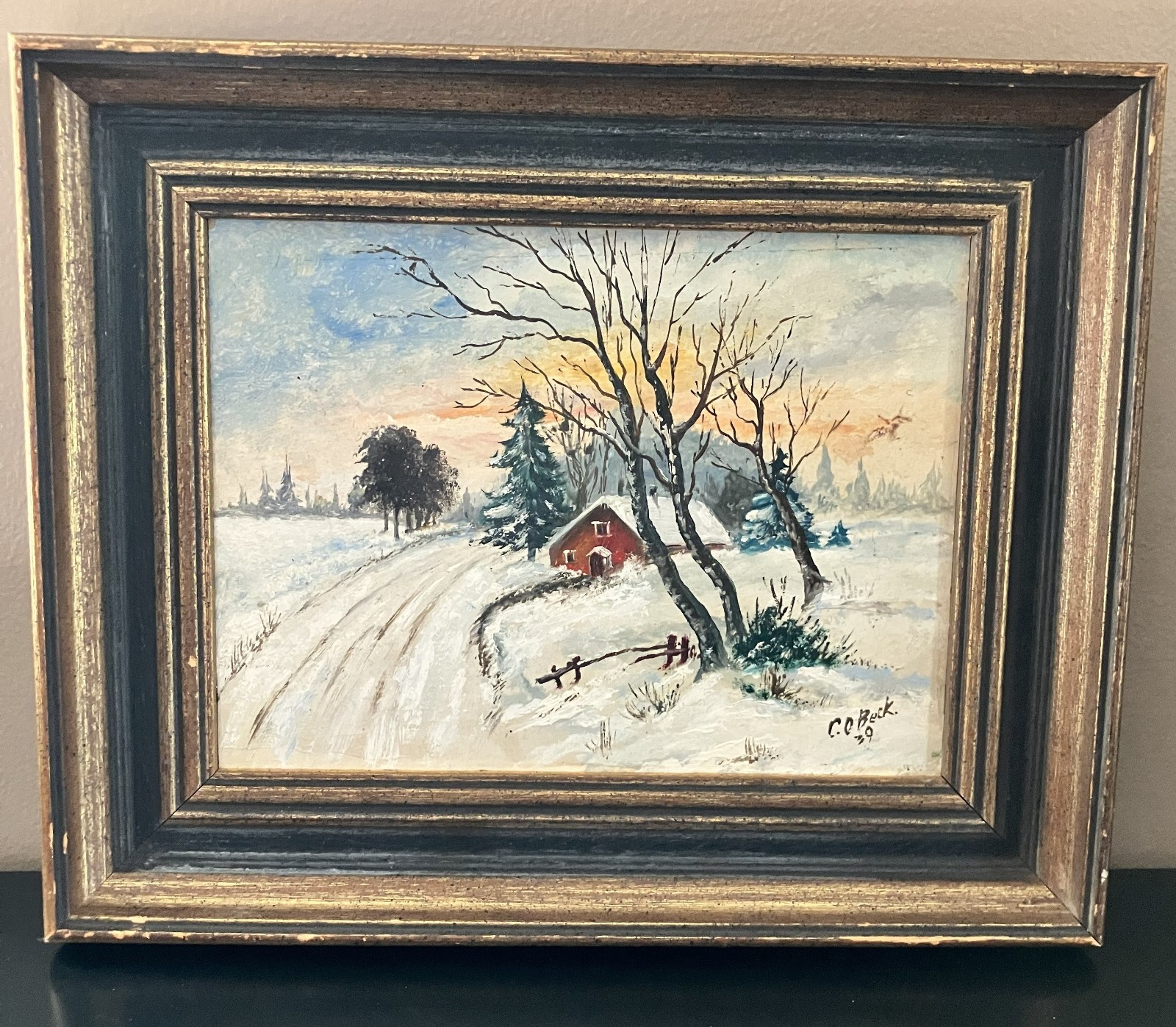 vintage original oil painting on board winter landscape signed C.O.Beck framed