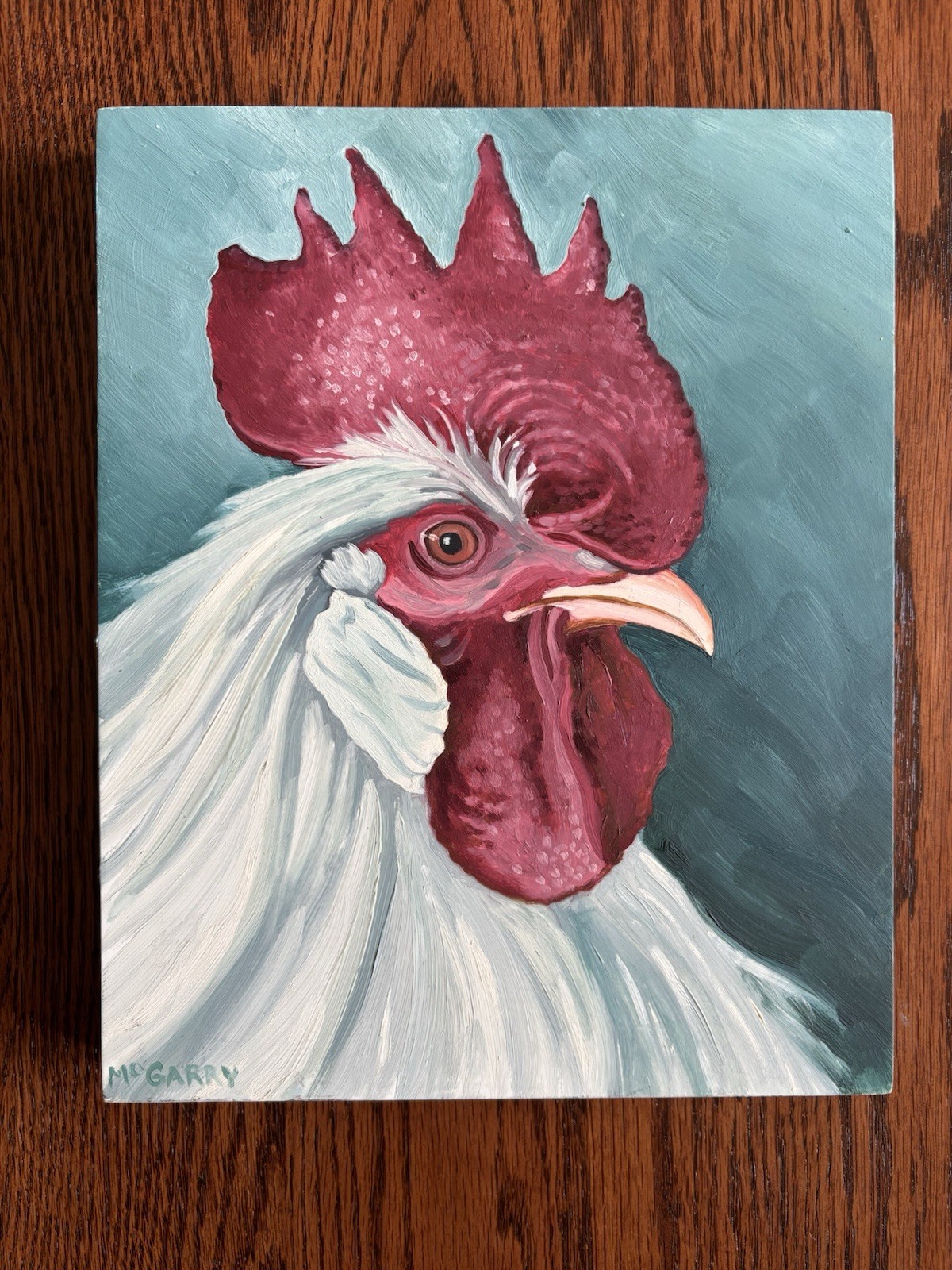 Rooster Portrait Acrylic Painting Signed 8”x10”x1” Wood Panel
