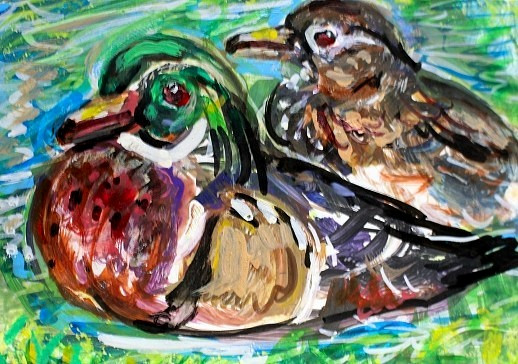 ORIGINAL ACEO Painting WOOD DUCKS Love BIRD Spring Summer Lake Nature Pond ART