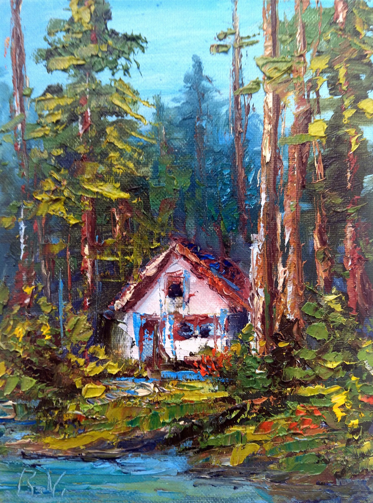 Pine Tree Forest Hidden House 7×9″ Mount Rainier National Park Oil Painting