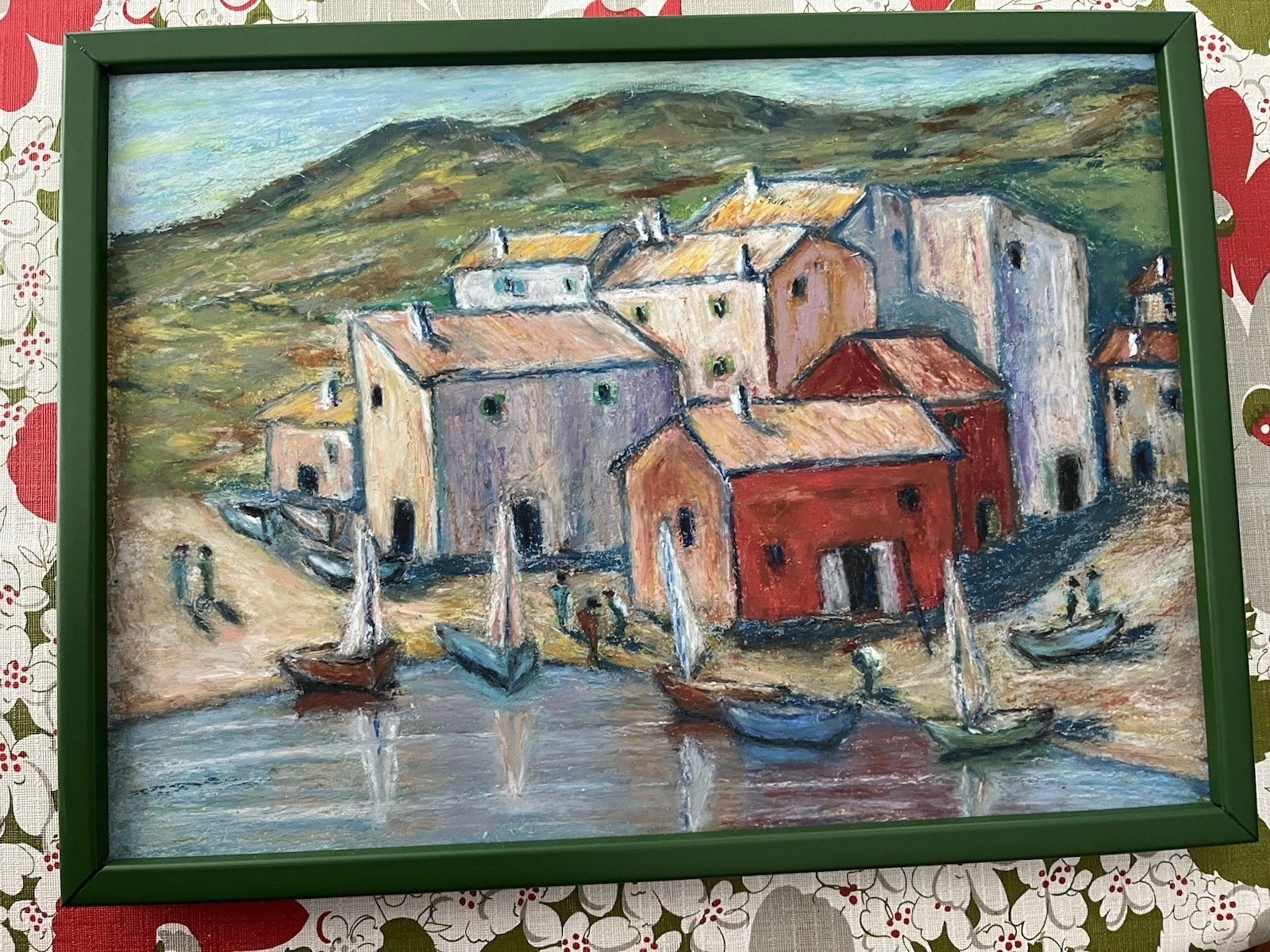 Vintage Original Chalk Drawing -Seaside Village-sailboats-Green Frame-16”x11 3/4