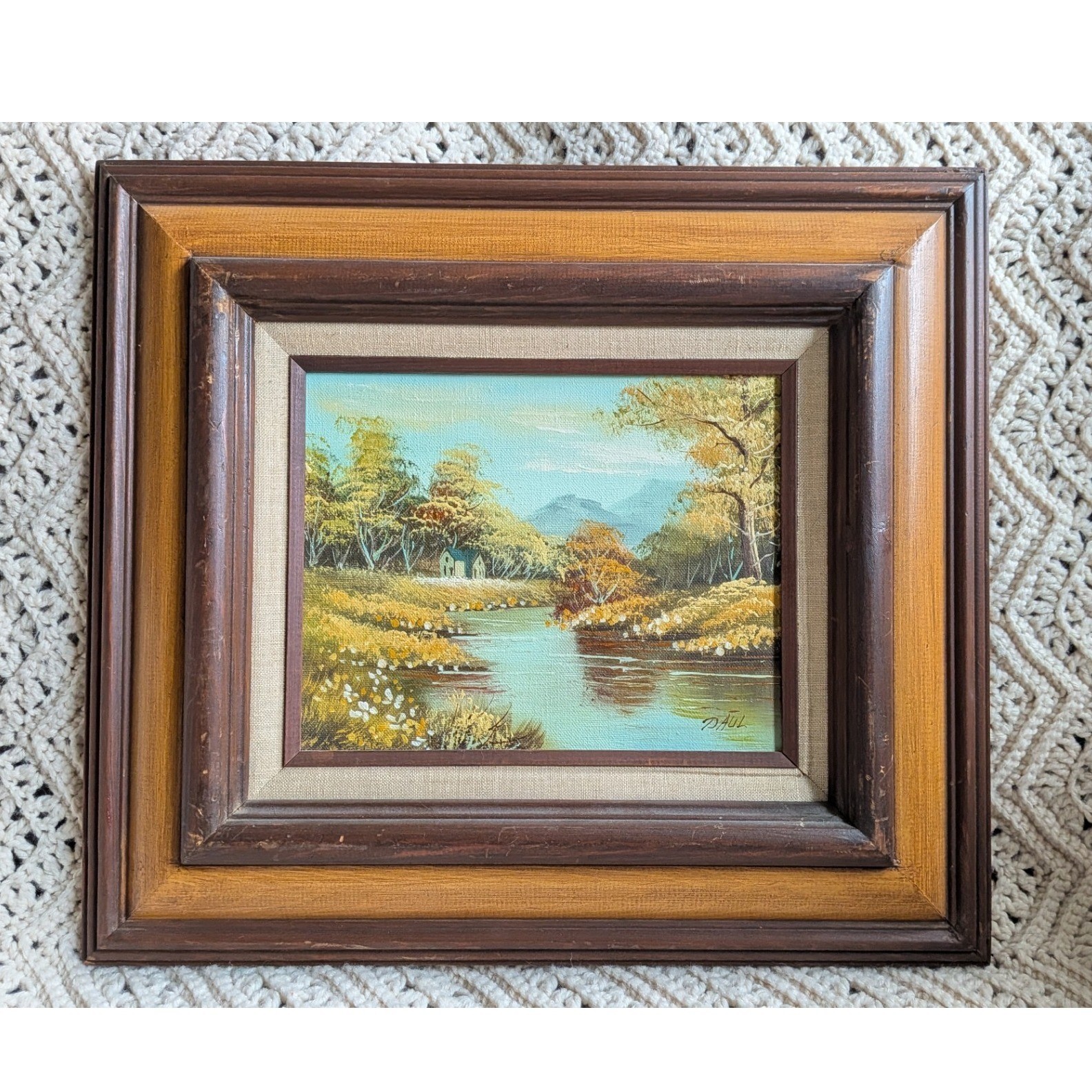 Paul Signed Original Landscape Oil Painting Framed Vintage Cabin River Scene