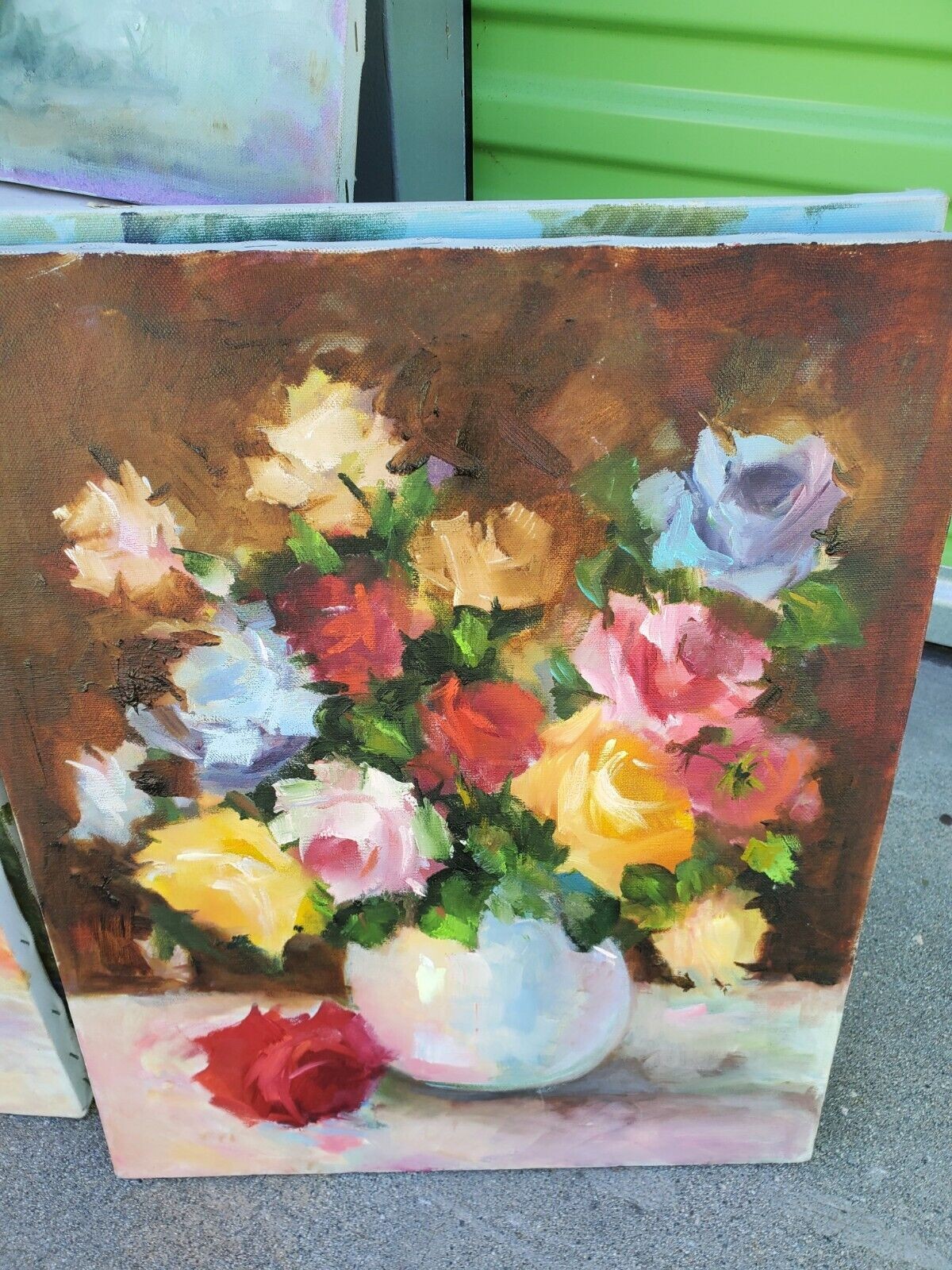 HP Oil Painting Pink Red English Roses Floral Vase 16″X20 Cottage Garden Cabbage