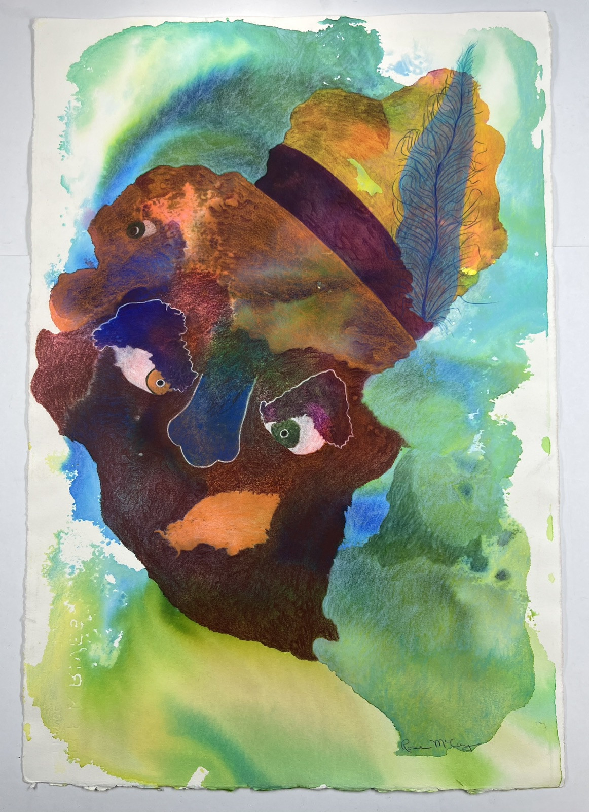 Watercolor Painting Abstract Women Face With Feather Hat 22×15” Org Folk Art
