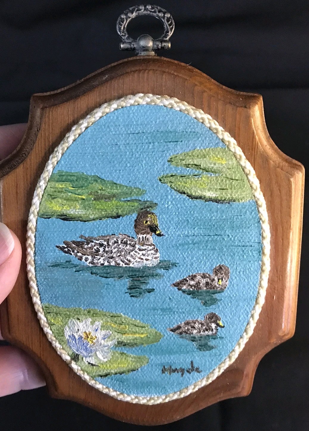Miniature Wooden Signed Mama And Babies Duck Painting 4 1/2 X 5 1/2″