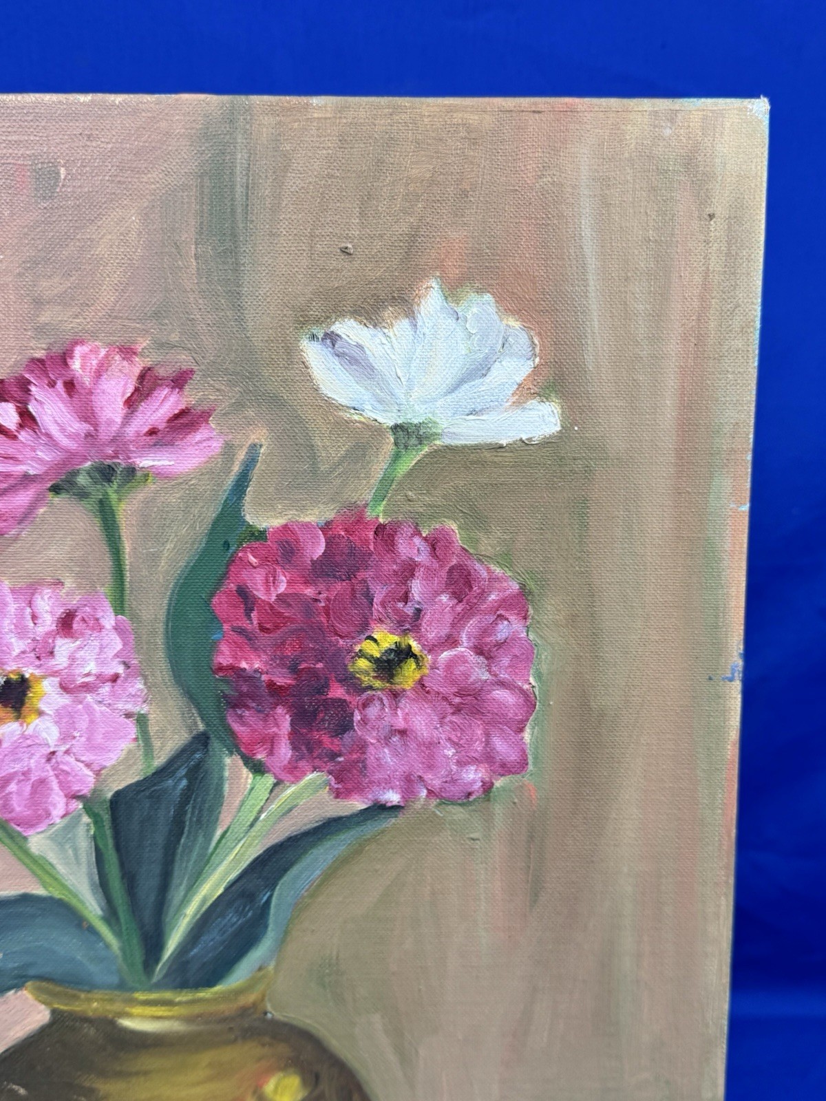 C.1965 Oil on Canvas Board STILL LIFE 16″ x 12″ Flowers in Vase & Bird