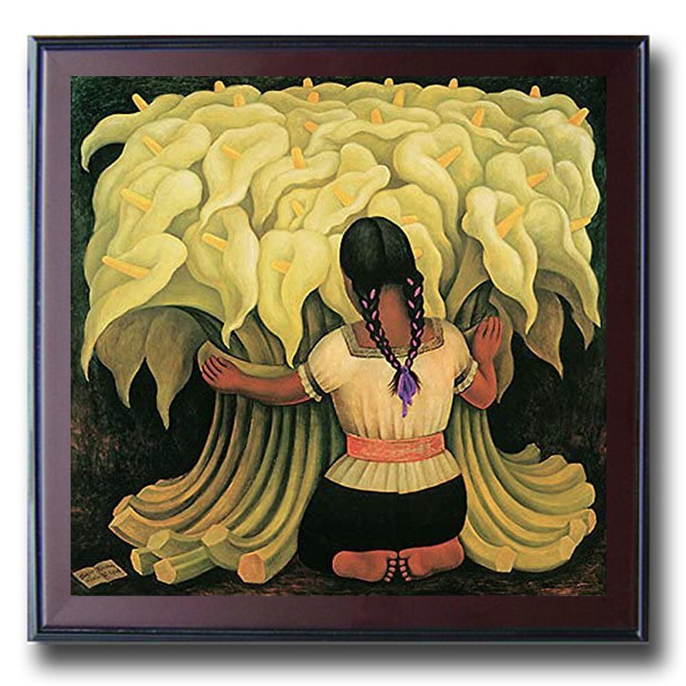 Mahogany-Frame Girl With Lilies by Rivera Canvas Art (27 in x 27 in Framed Size)