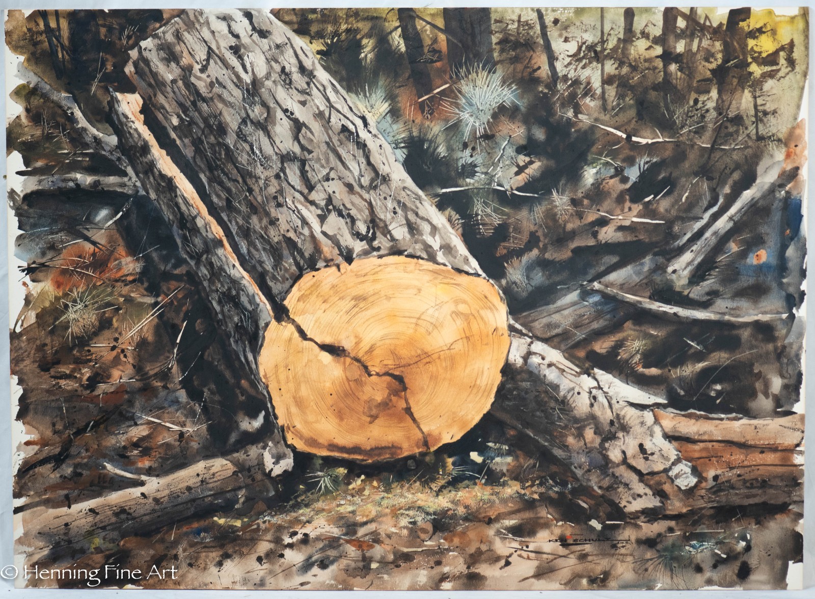 Vintage Ken Schulz Painting of Wooded Landscape Split Tree Log, Large 22 x 30″