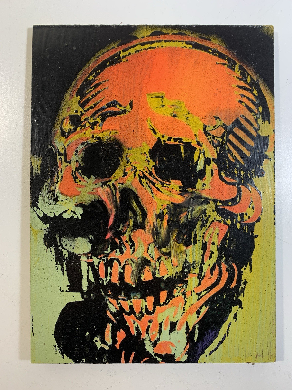 Original Small 6”x8” High Gloss Neon Skull Outsider Art Painting Horror Pop 2008