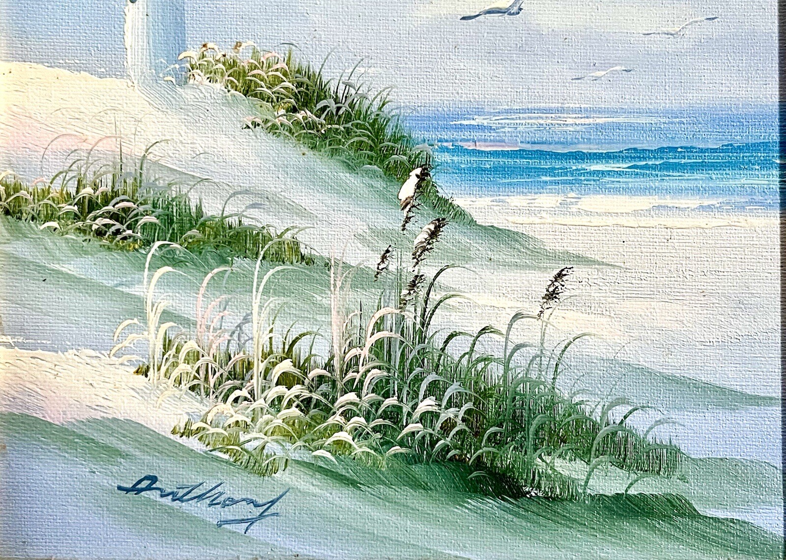 Vintge Shades of Blue ORIGINAL Coastal Lighthouse Seascape SIGNED Anthony FRAMED