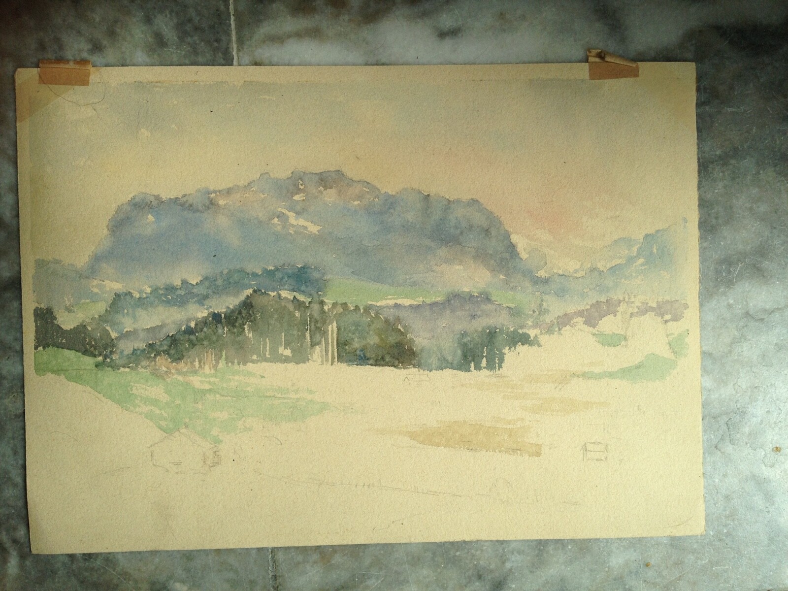 Aquarell Landschaft Mit Schneebedeckten Bergen