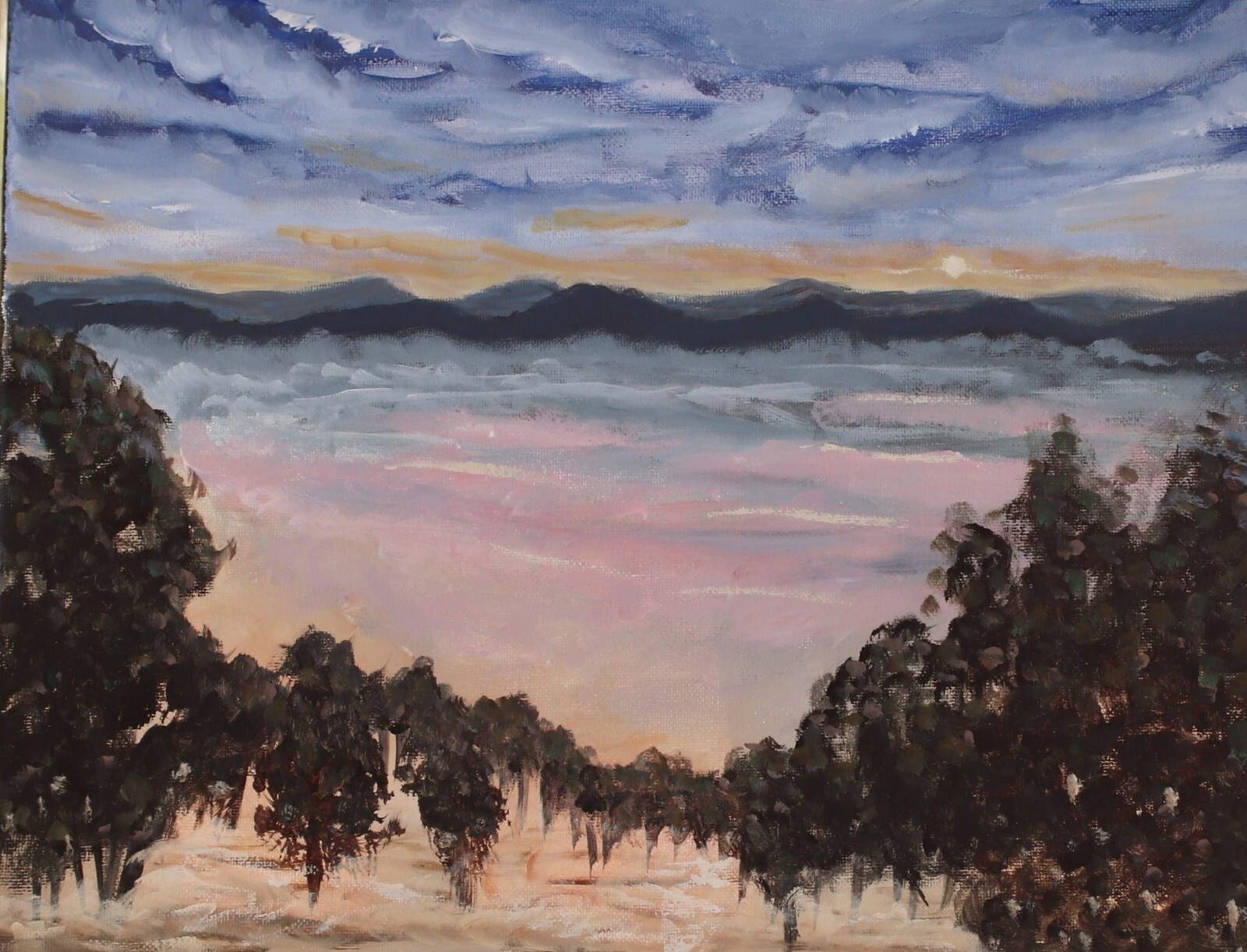 ShawNshawN Original painting – 11×14 fog forest orange purple blue art trees