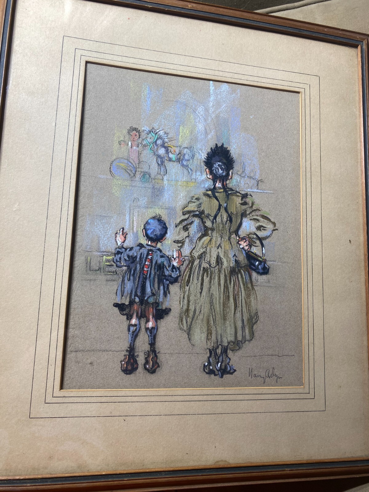 Nancy A. Dyer (1903 – 1979) «Temptation At The Toy Shop.. » Mixed Media Painting