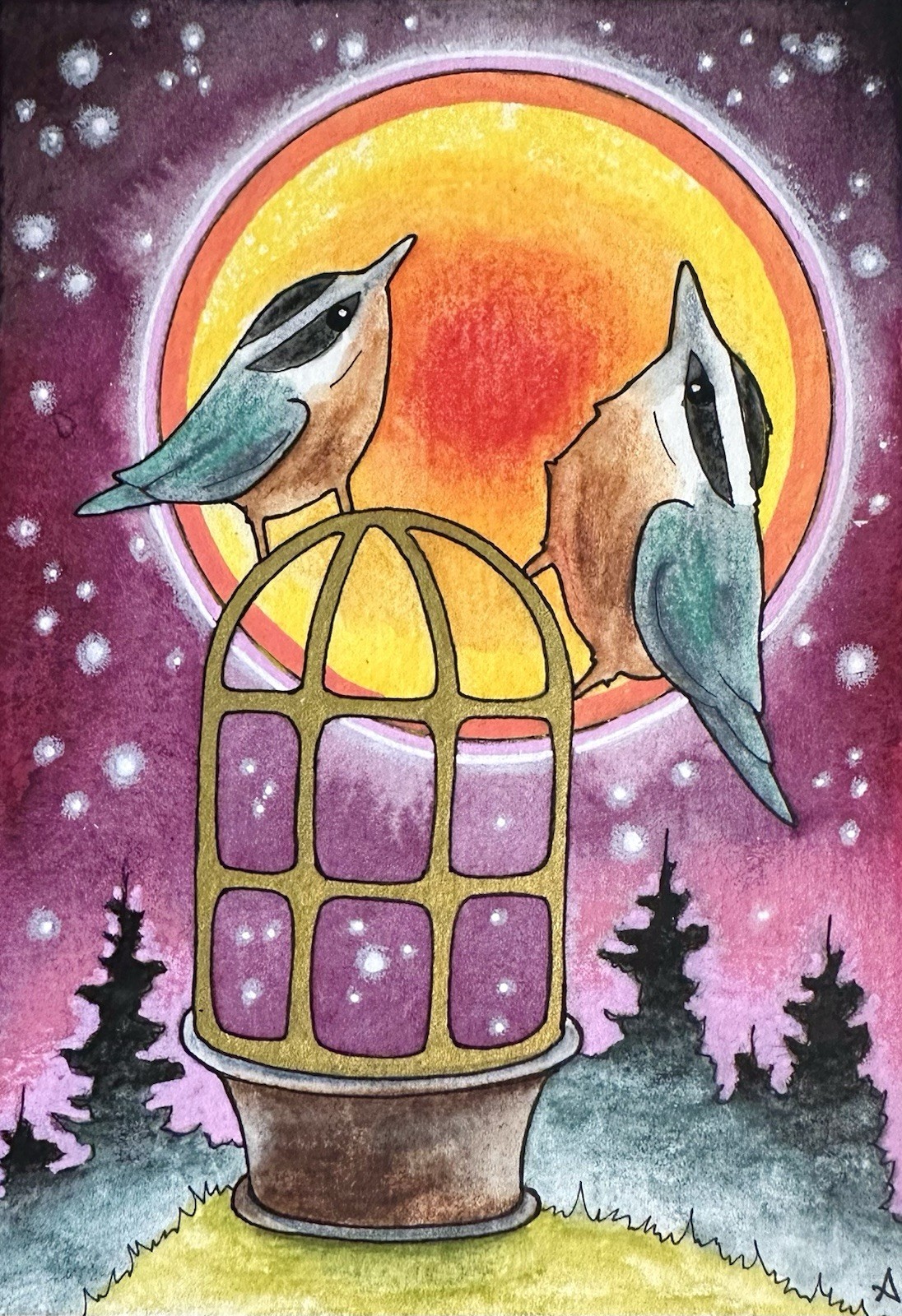 Nuthatches original painting Amy Weber 3.5×5 Art